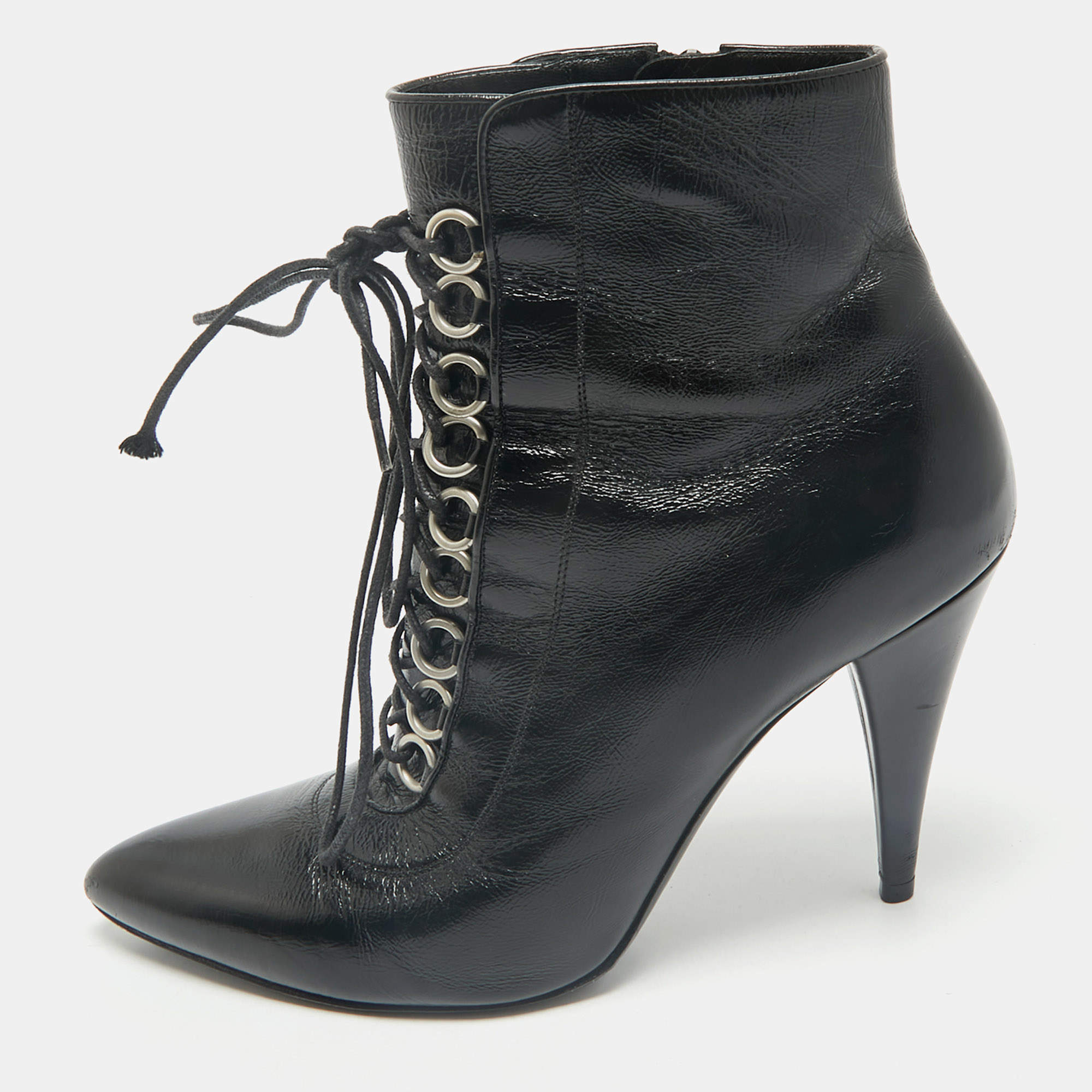 Pre Owned Saint Laurent Black Leather Fetish Ankle Booties Size 37.5