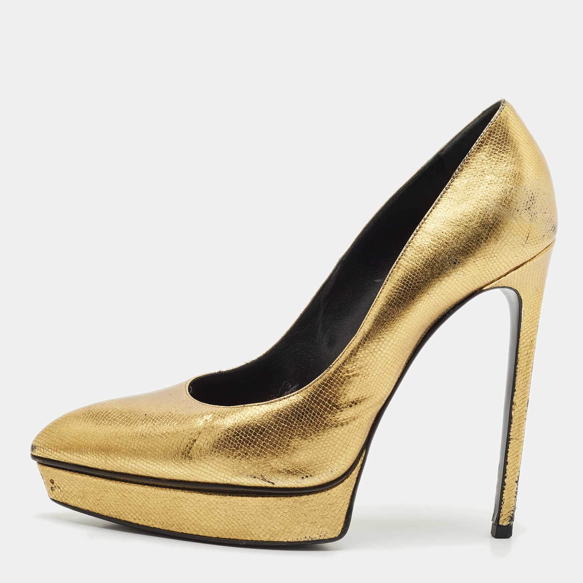Saint Laurent Gold Leather Pointed Toe Janis Platform Pumps Size 40
