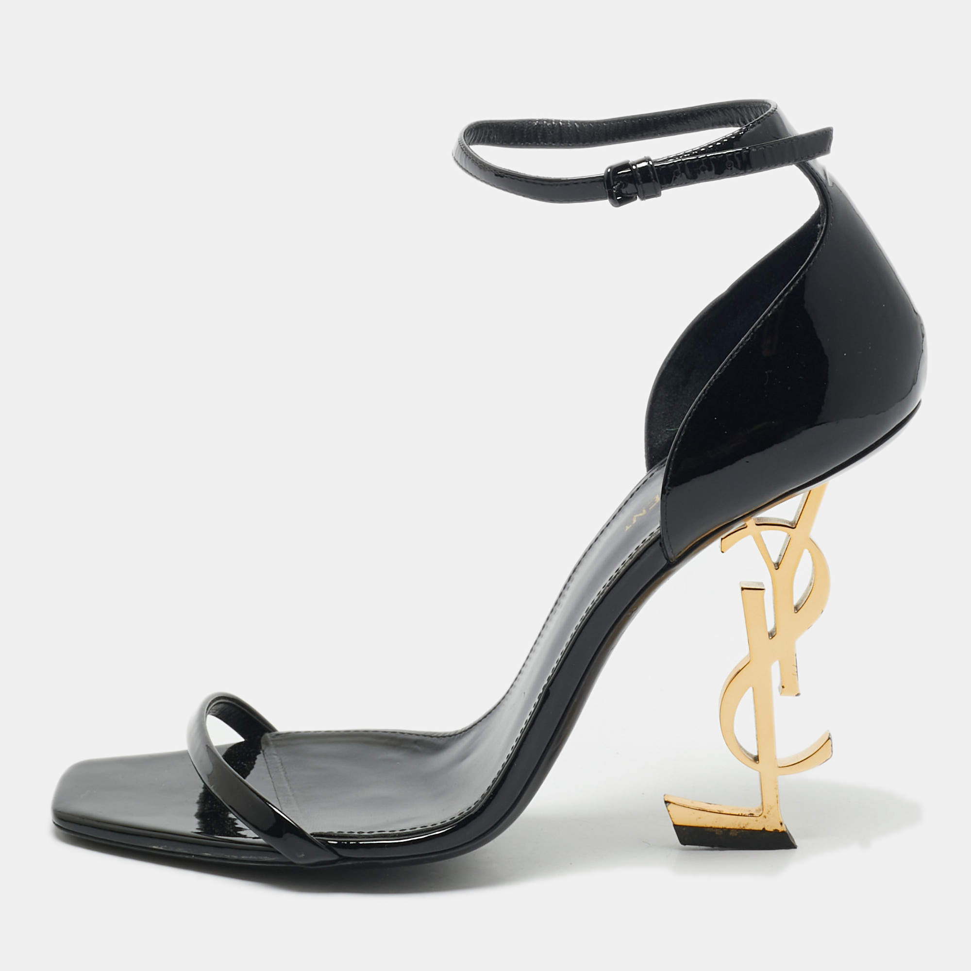 Saint Laurent Black Patent Leather Opyum Ankle Strap Sandals Size 40.5