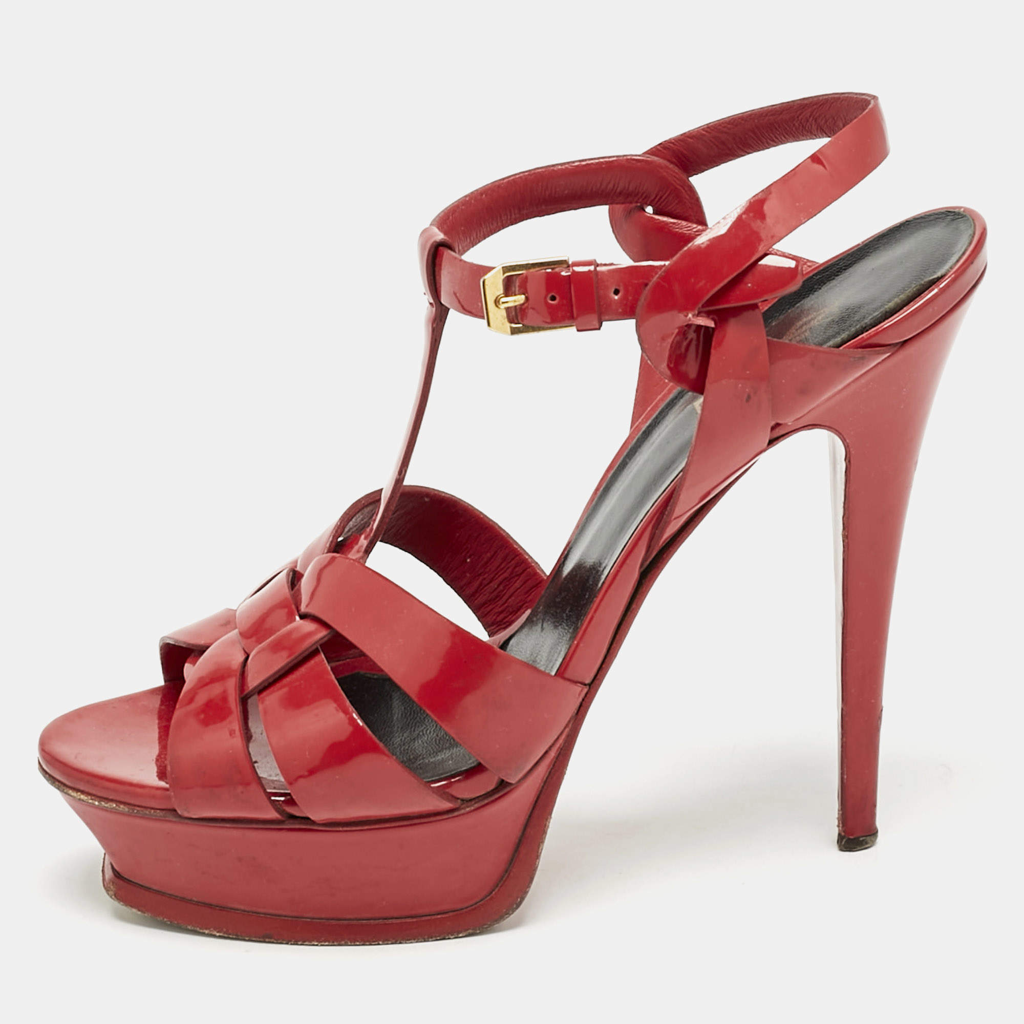 Pre Owned Saint Laurent Red Patent Leather Tribute Platform Sandals Size 38.5