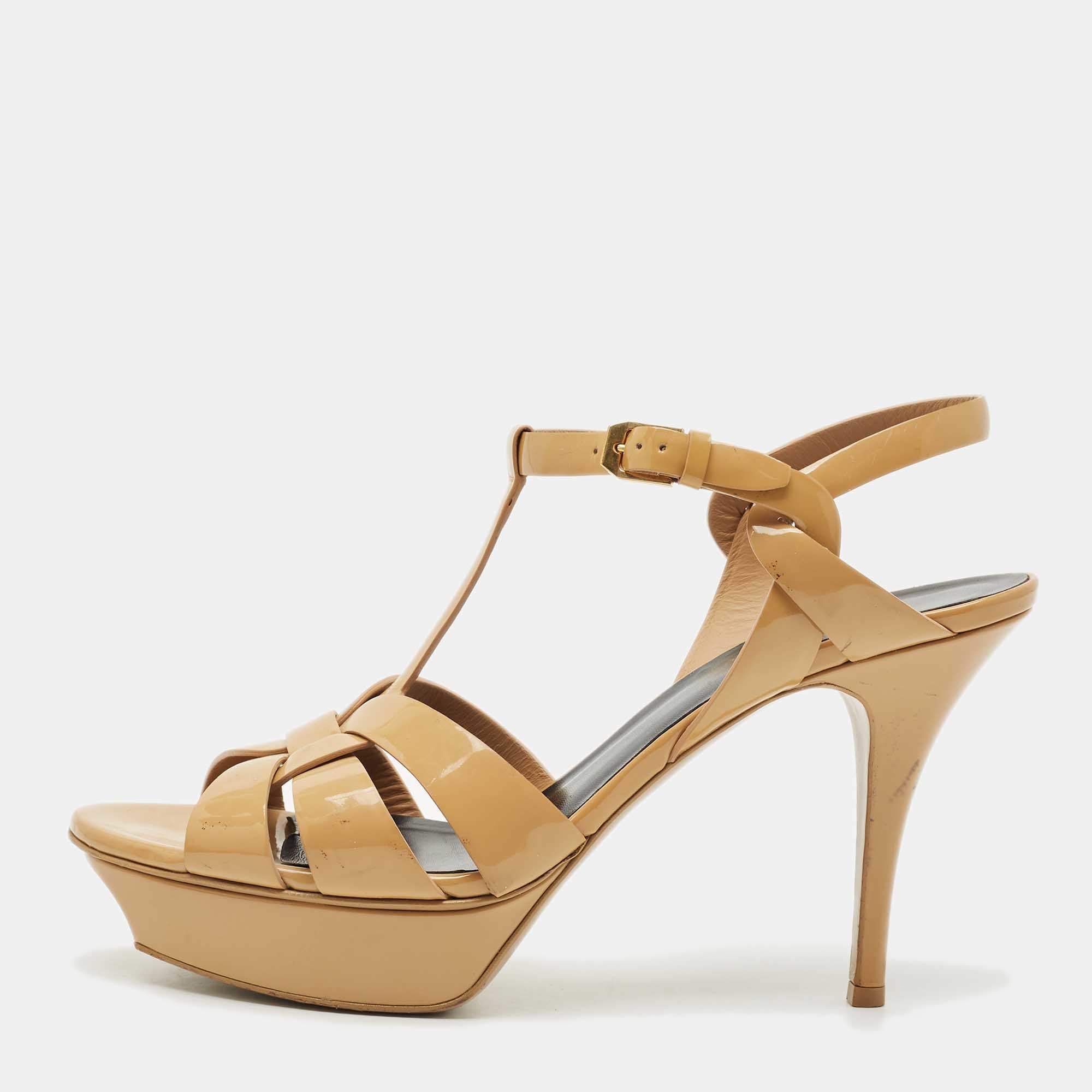 Saint Laurent Beige Patent Leather Tribute Ankle Strap Sandals Size 41.5
