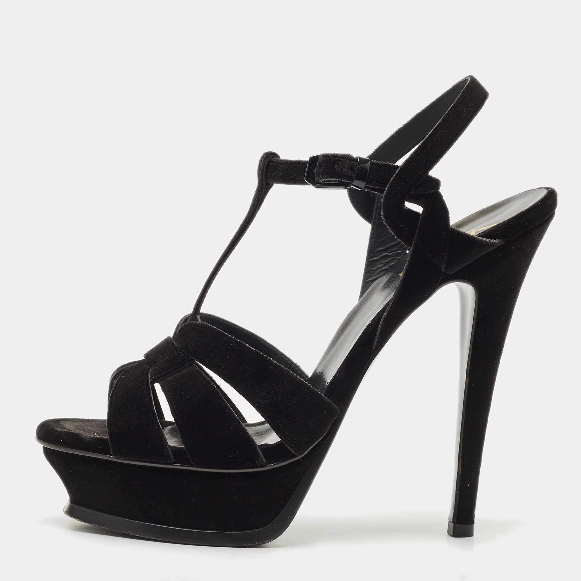 Saint Laurent Black Velvet Tribute Platform Sandals Size 40