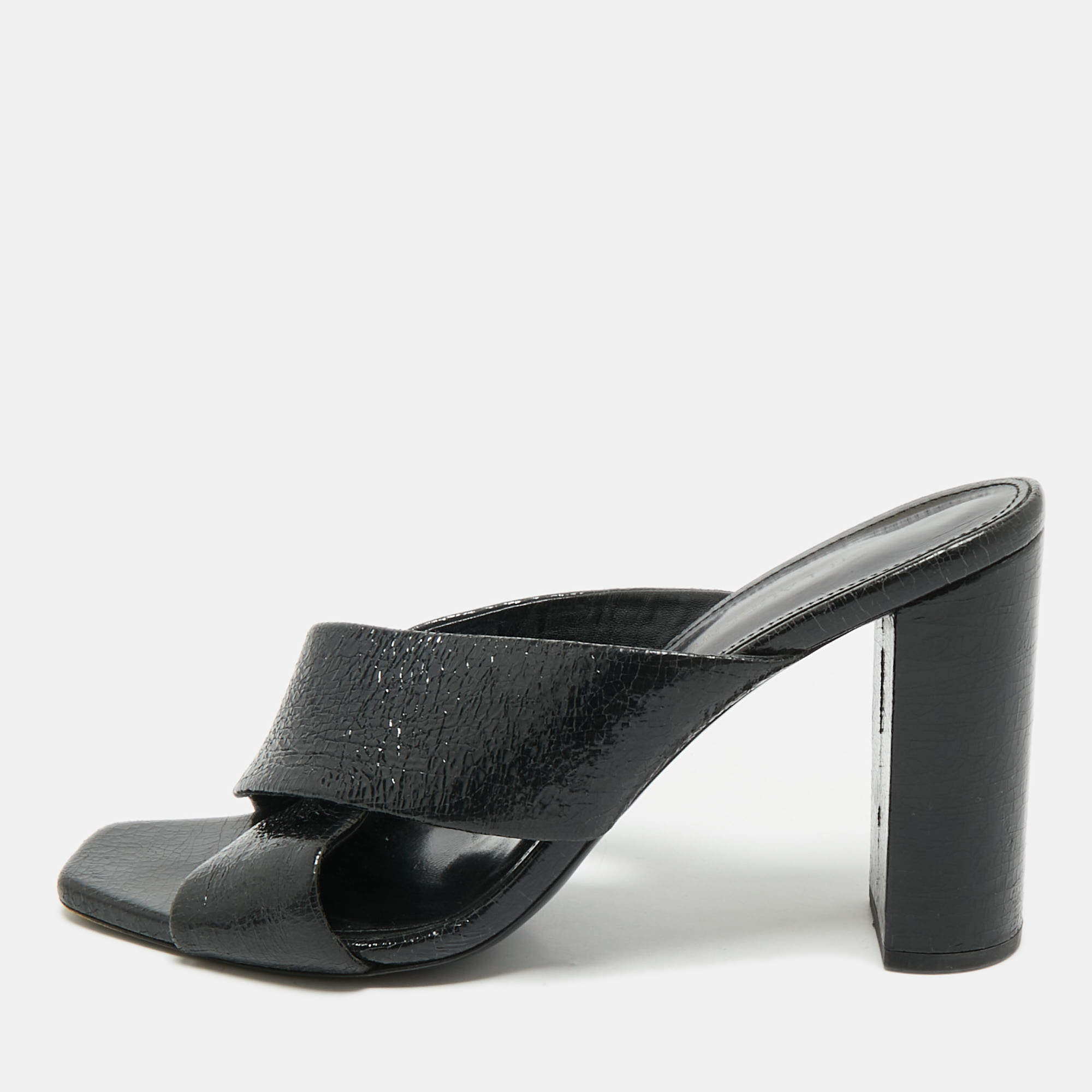 Pre Owned Saint Laurent Black Leather Loulou Criss Cross Block Heel Sandals Size 40