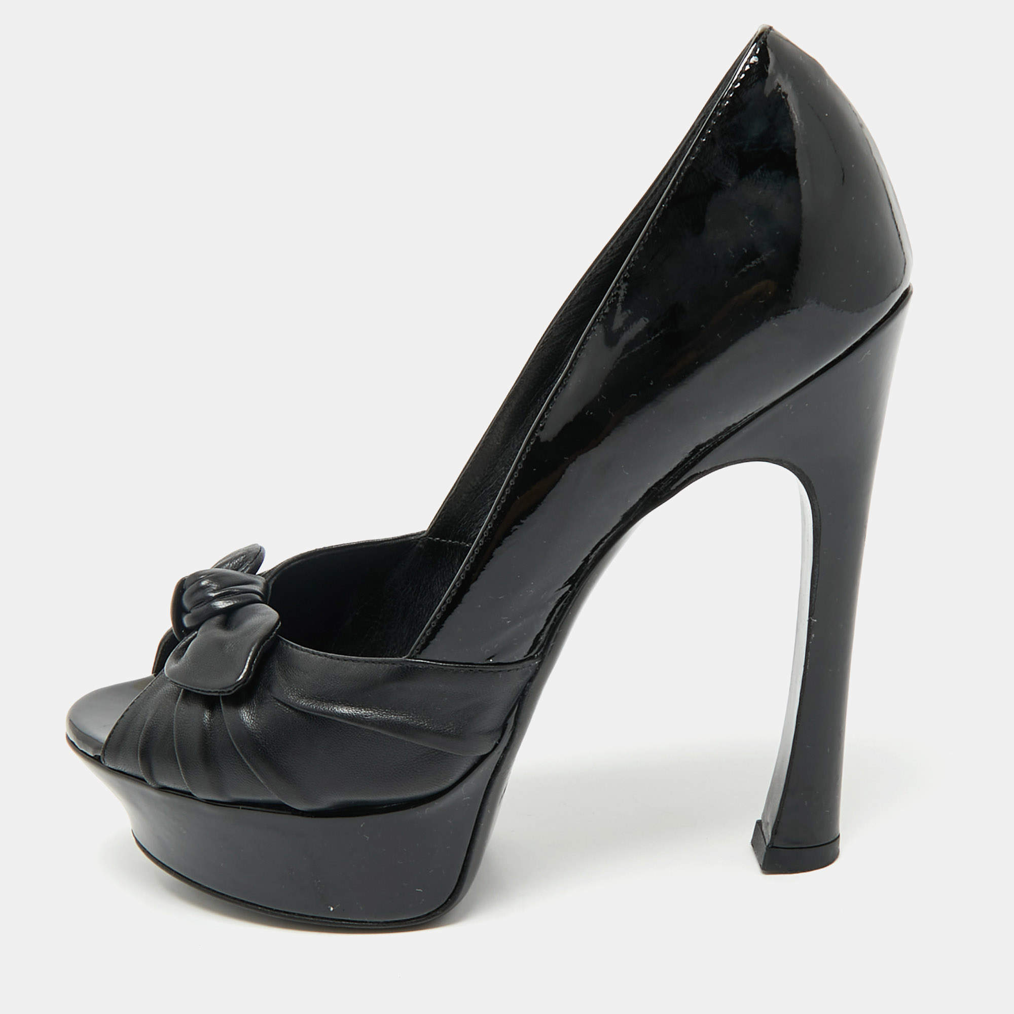 Pre Owned Saint Laurent Black Patent Leather Palais B 105 Peep Toe Bow  Pumps Size 37.5