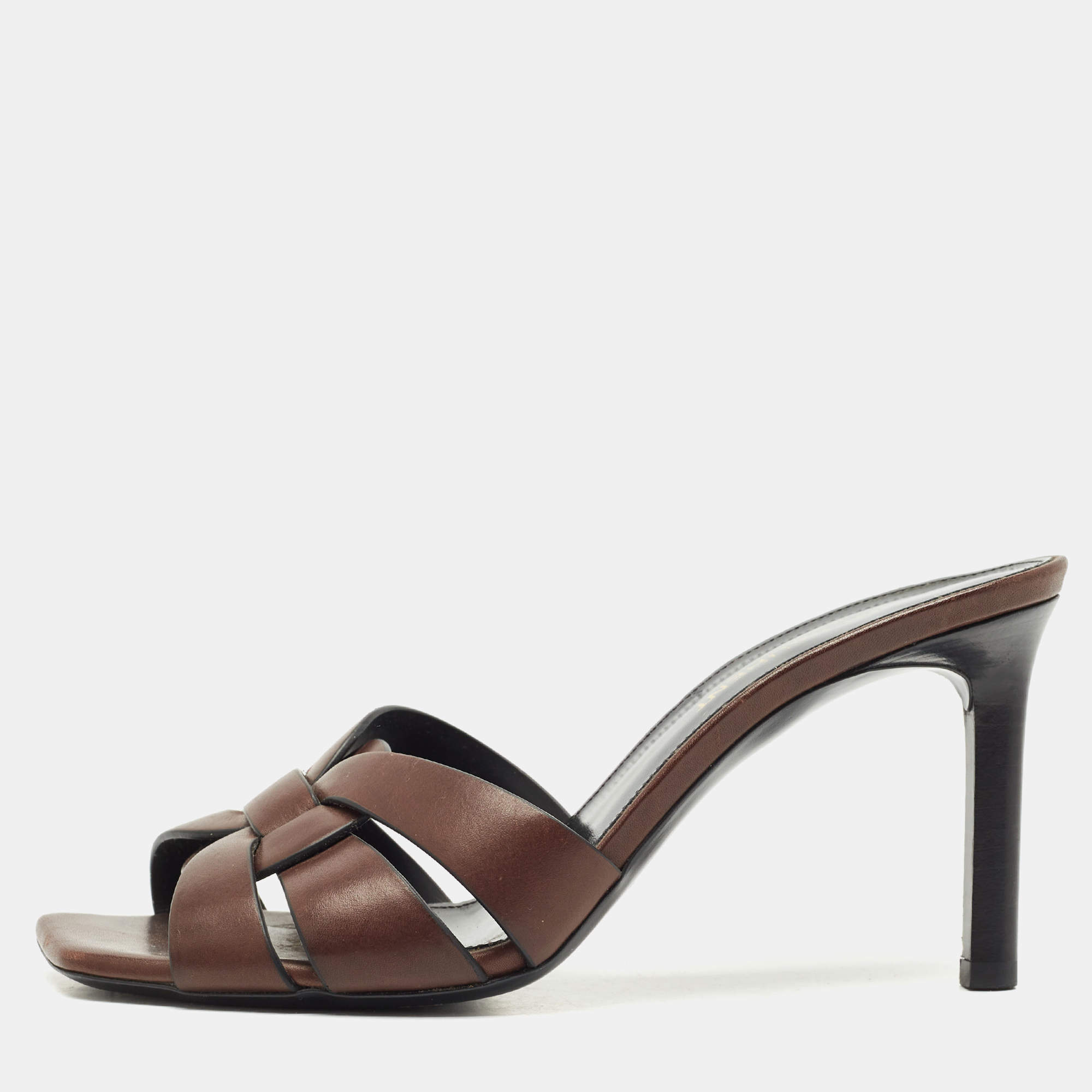 Saint Laurent Brown Leather Tribute Slide Sandals Size 36.5