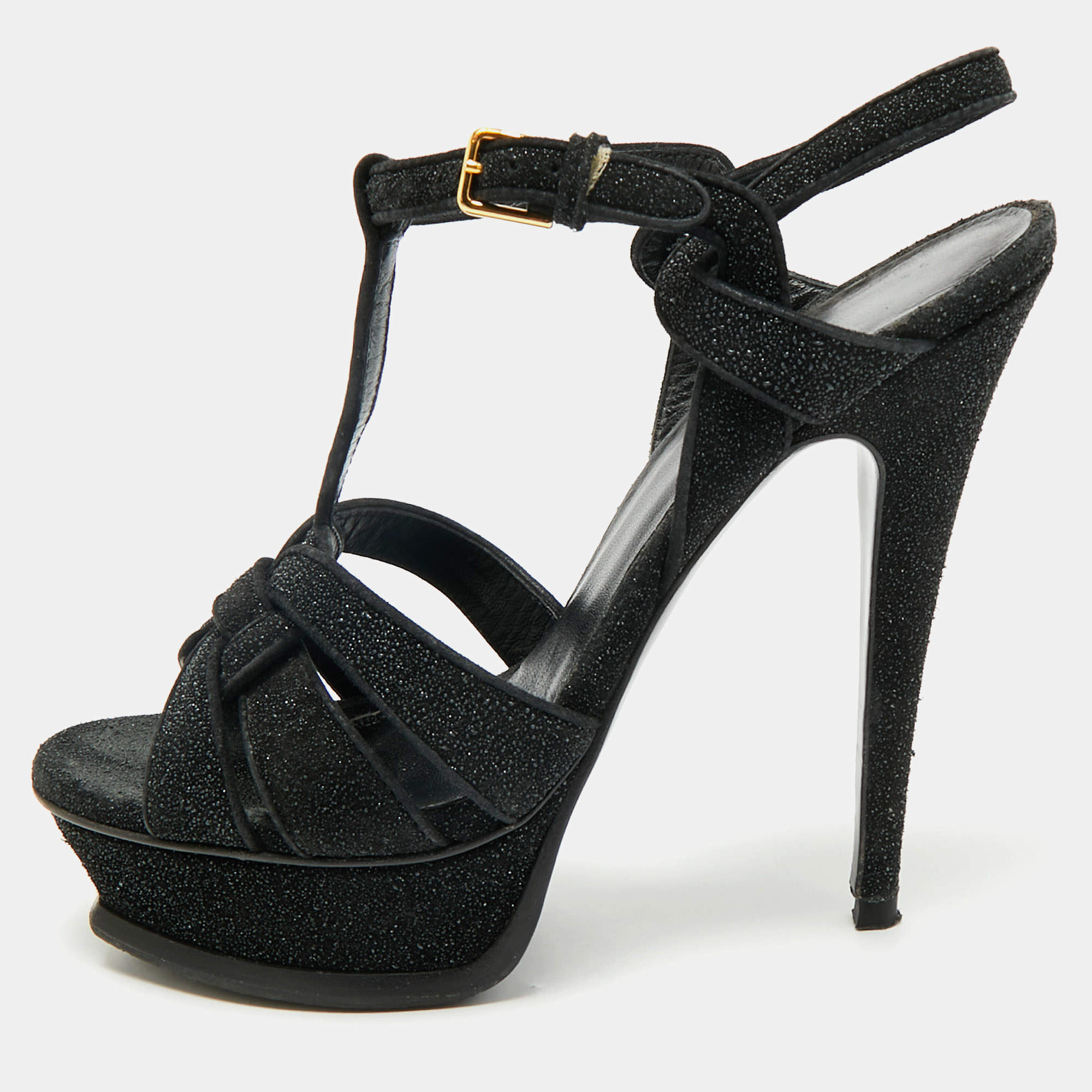 Pre Owned Saint Laurent Paris Black Glitter and Suede Tribute Platform Sandals Size 37.5