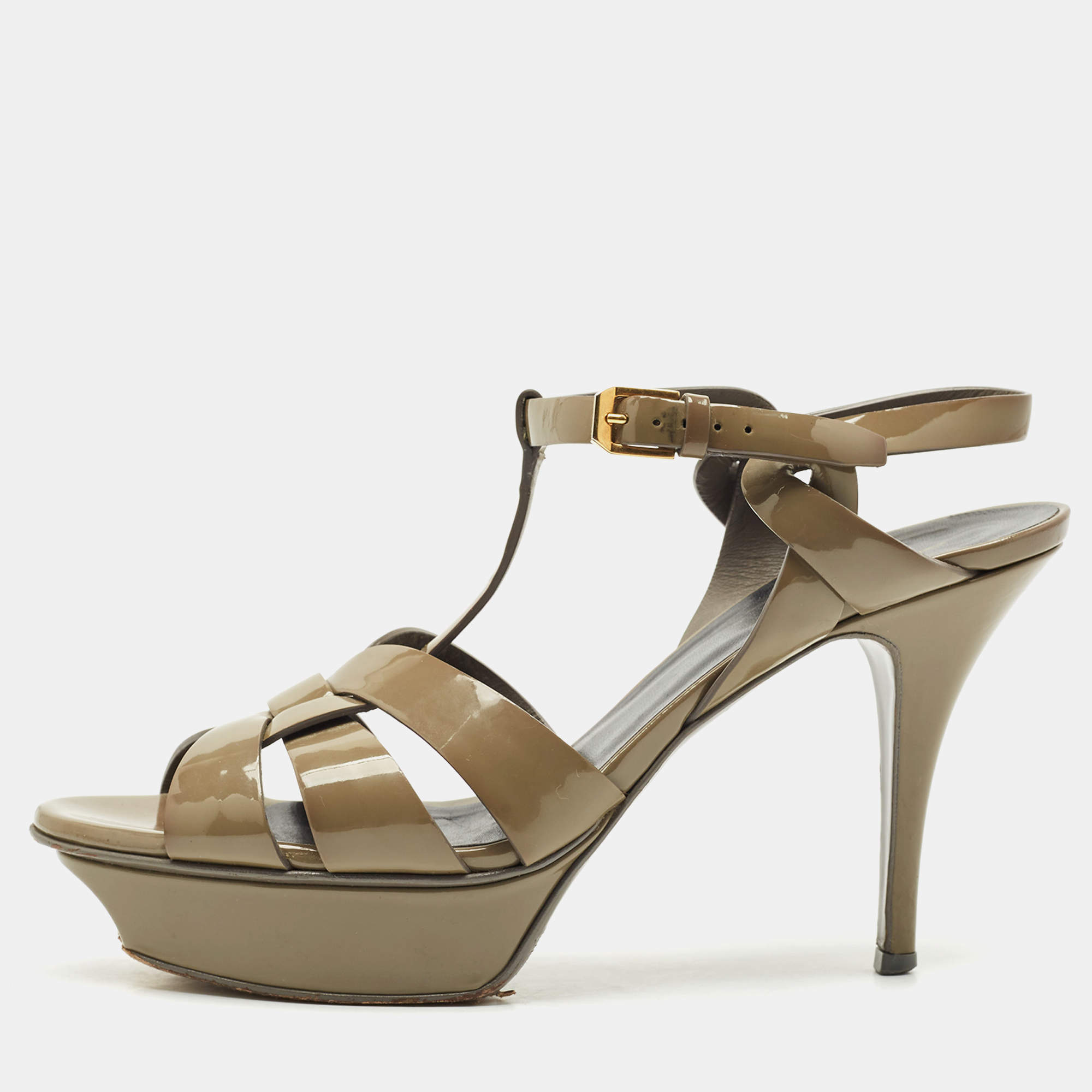 Pre Owned Saint Laurent Olive Green Patent Leather Tribute Platform Sandals Size 39.5