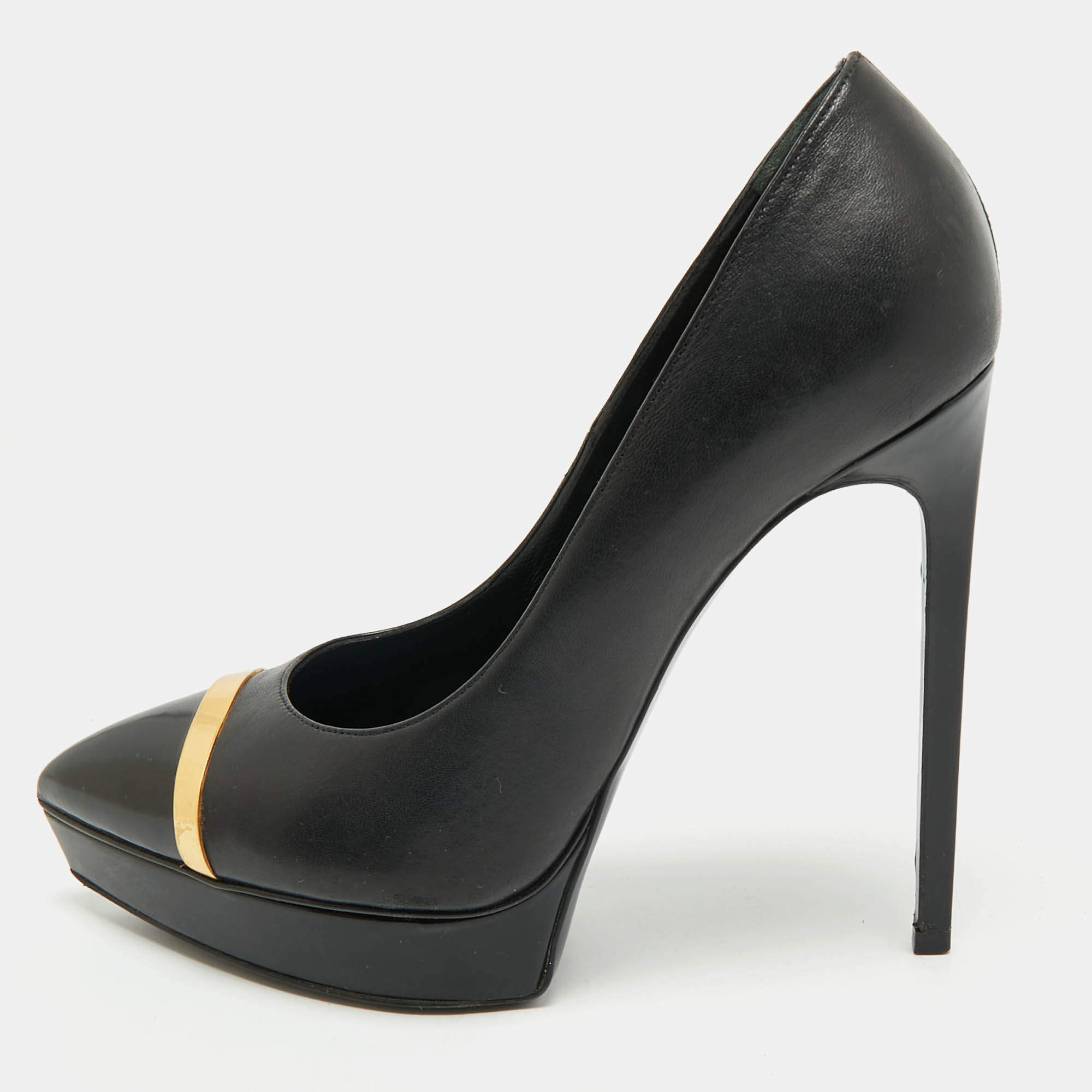 مملوكة مسبقًا Saint Laurent Black Leather Janis Pointed Toe Platform Pumps Size 39