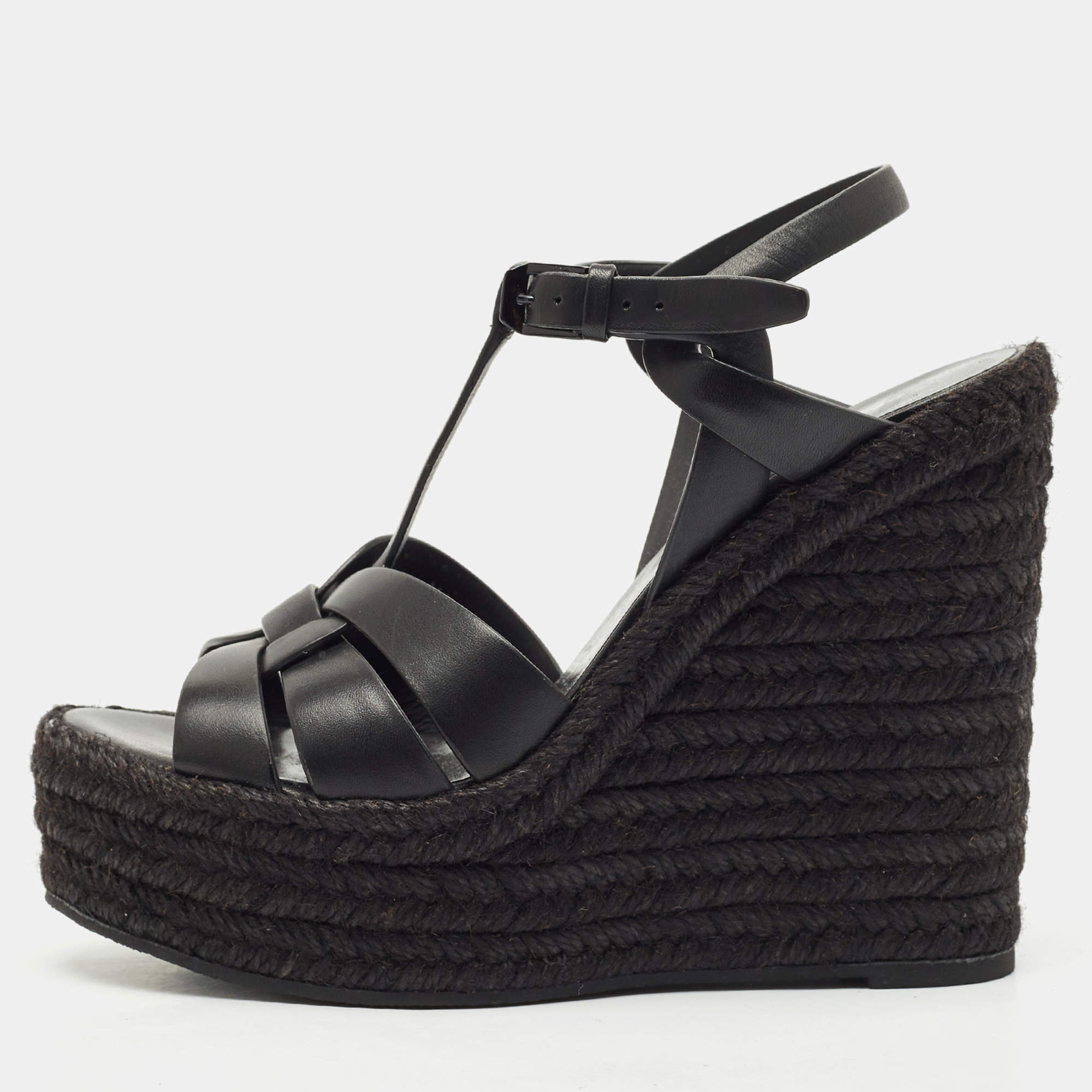 Pre Owned صندل سان لوران \"تريبوت\" جلد أسود نعل إسفين حبال قياس 37.5