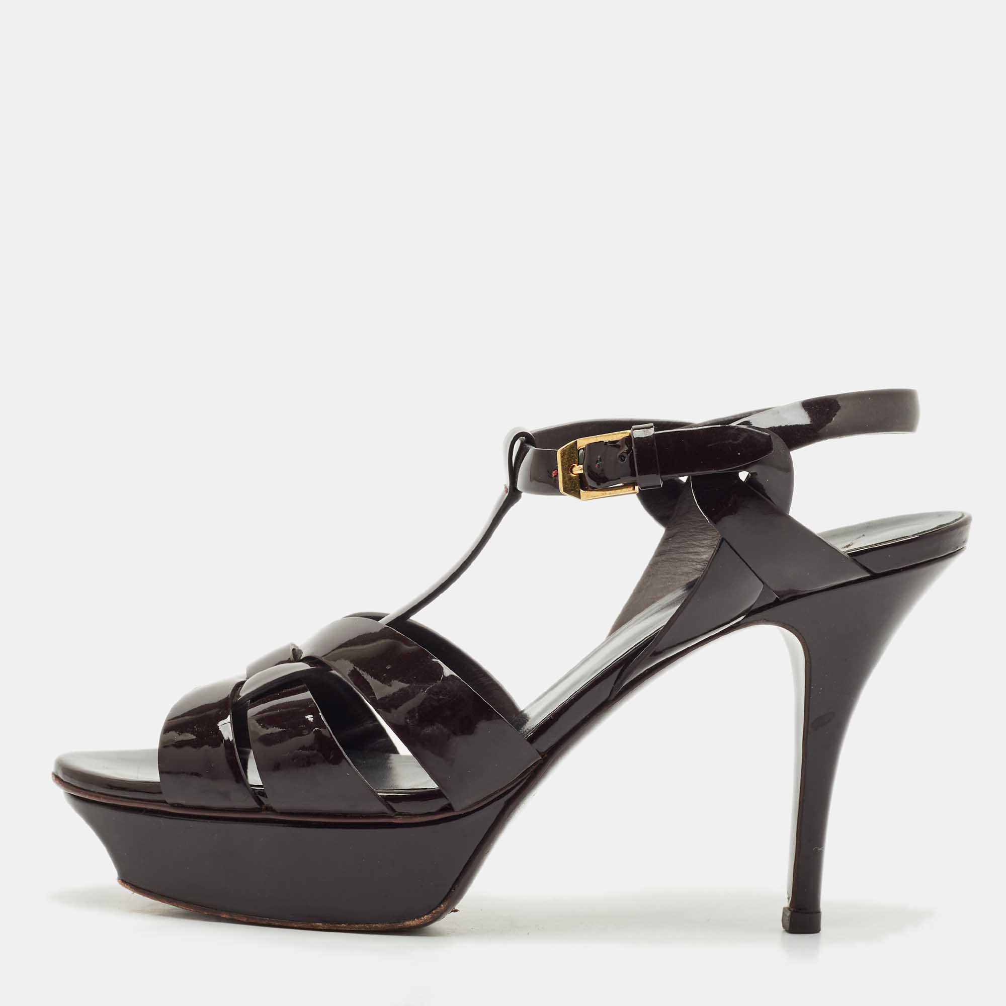 Pre Owned Saint Laurent Burgundy Patent Leather Tribute Platform Sandals Size 38