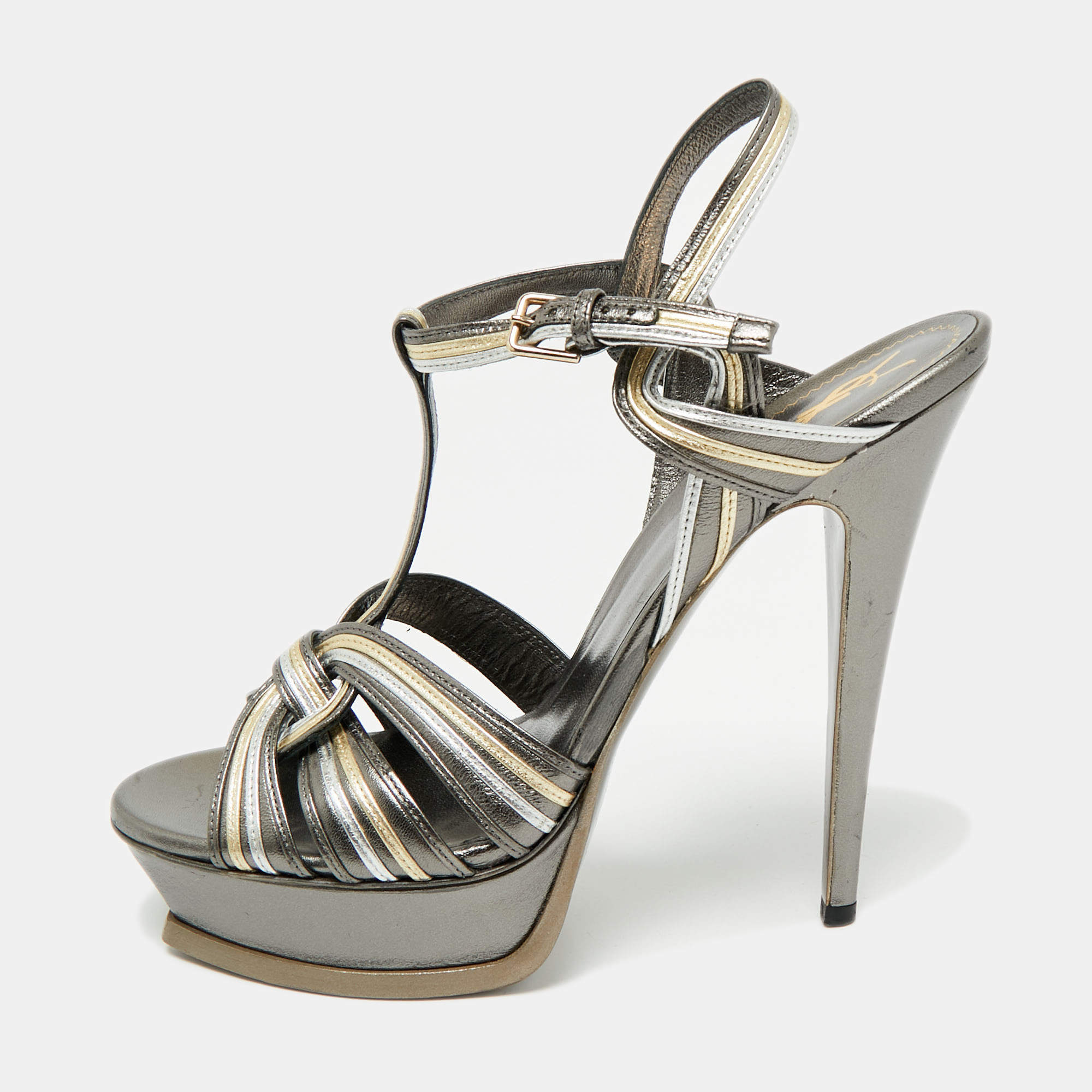 Pre Owned Saint Laurent Metallic Leather Tribute Sandals Size 41