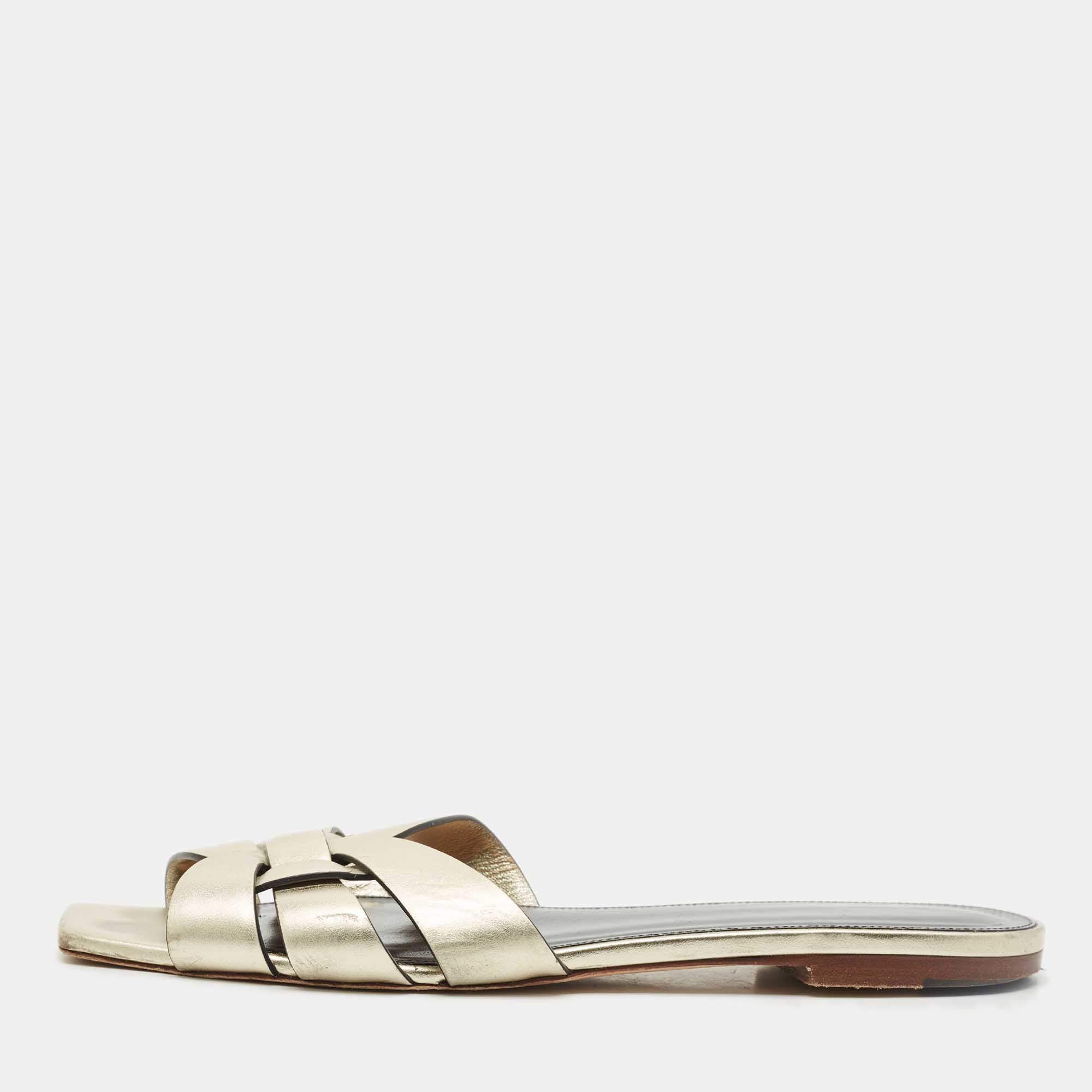 Pre Owned Saint Laurent Gold Leather Tribute Flat Sandals Size 40