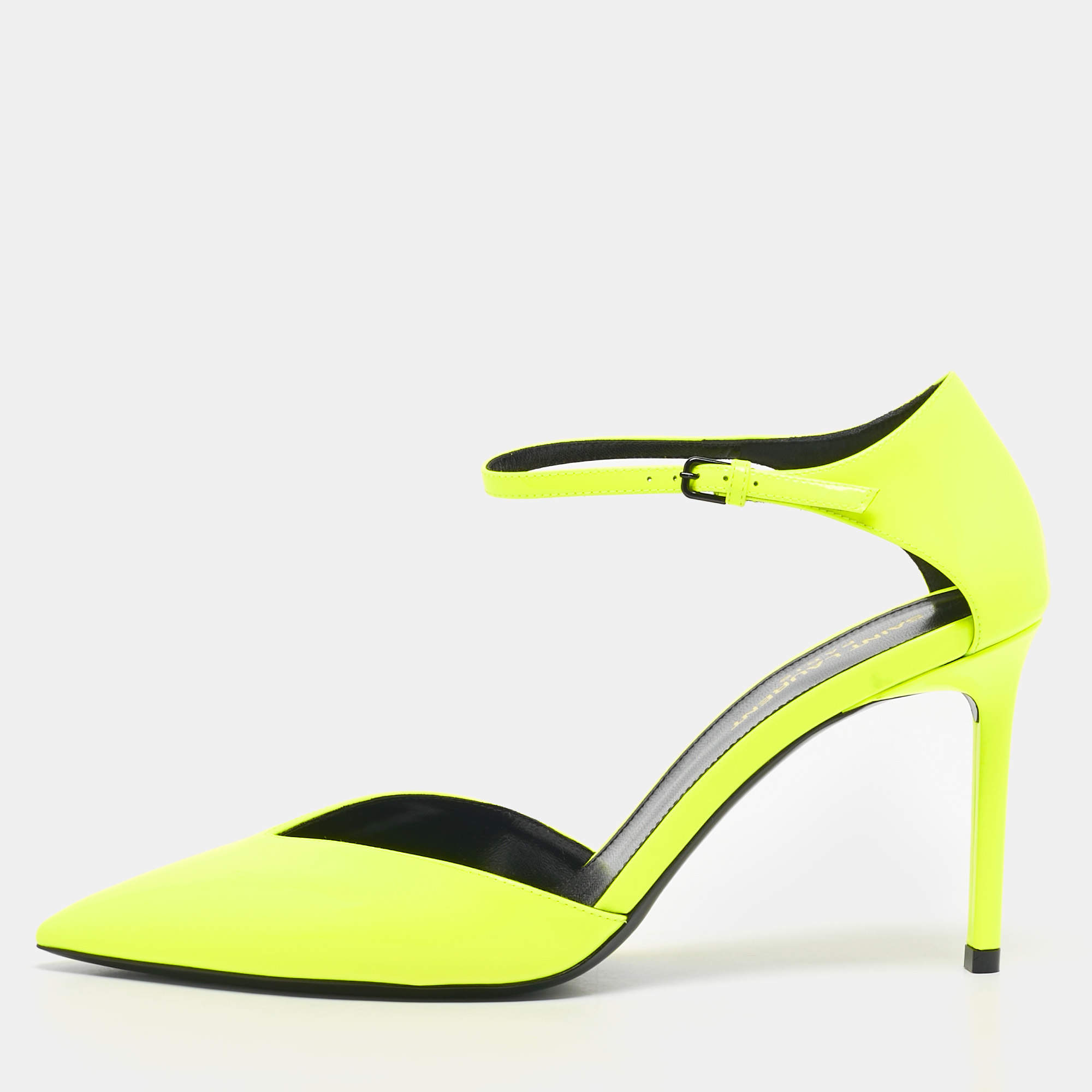 Pre Owned Saint Laurent Lime Green Patent Leather Anja Ankle Strap Pumps Size 39
