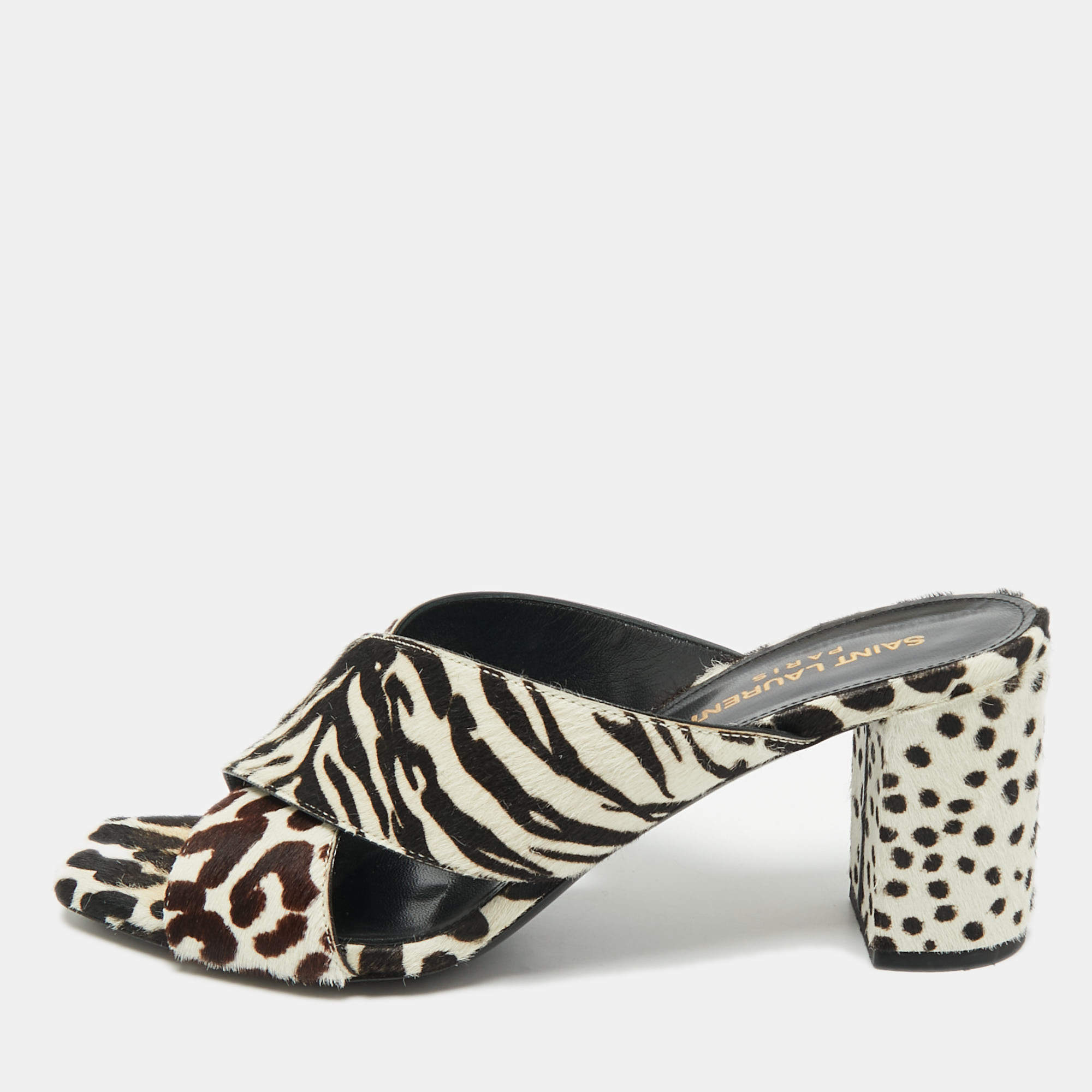 Pre Owned Saint Laurent Brown/White Calfhair Loulou Slide Sandals Size 38