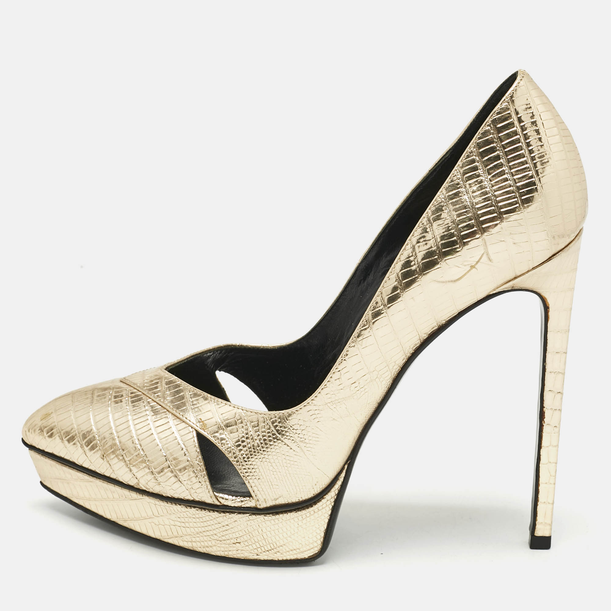 Pre Owned Saint Laurent Gold Lizard Embossed Leather Platform Pumps Size 38.5
