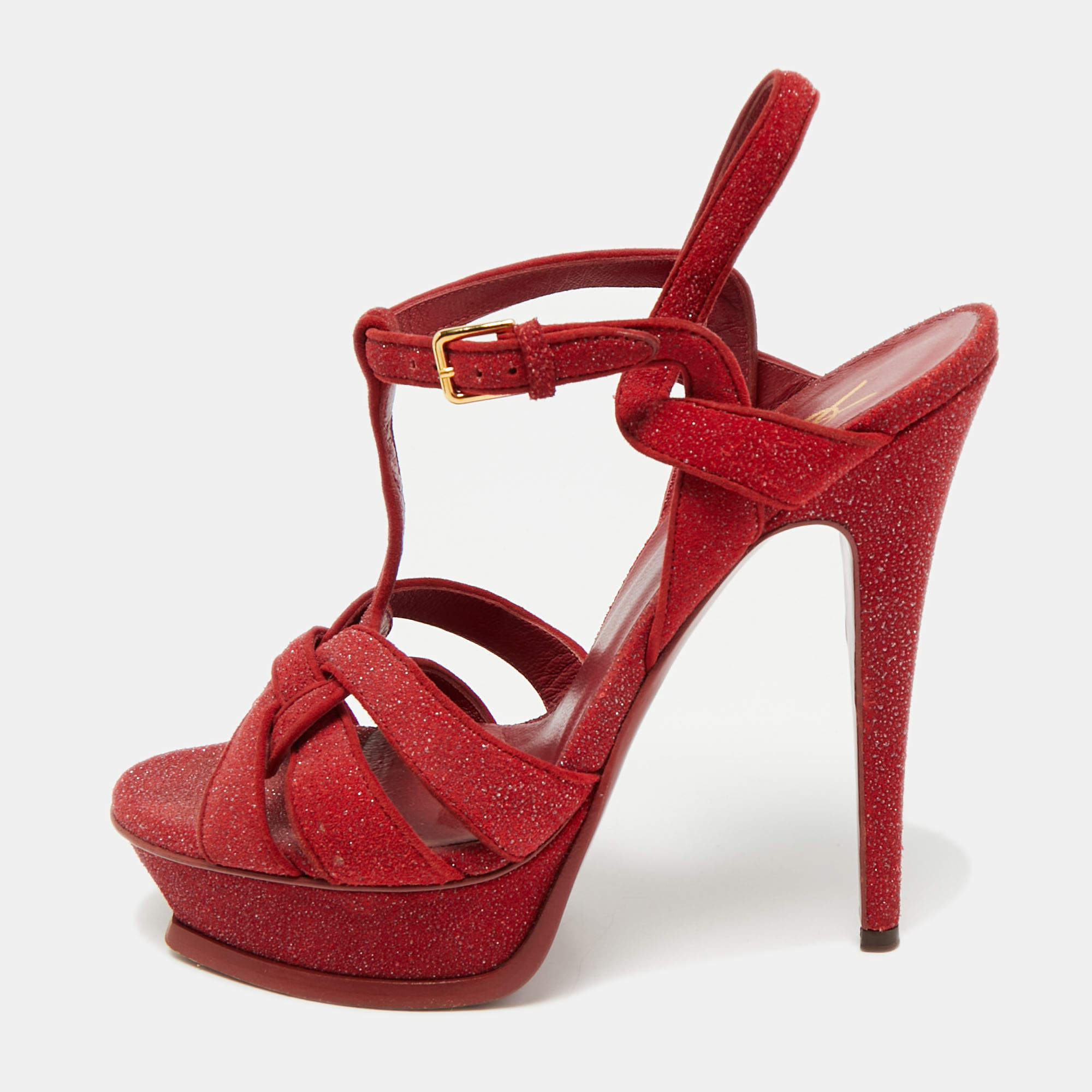 Pre Owned Saint Laurent Red Suede and Quartz Tribute Platform Sandals Size 38