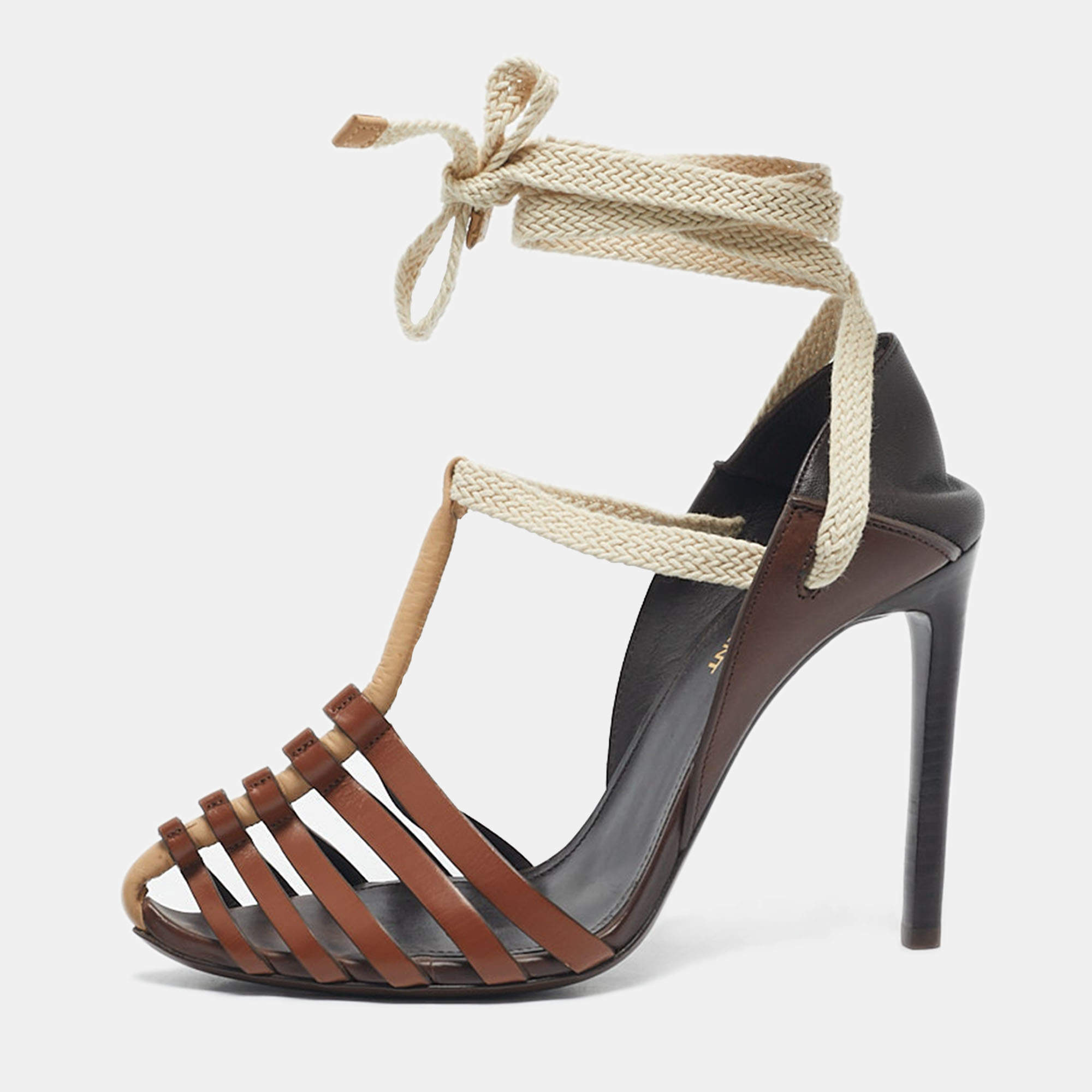 Pre Owned Saint Laurent Brown Leather Majorelle Lace Up Pumps Size 38.5