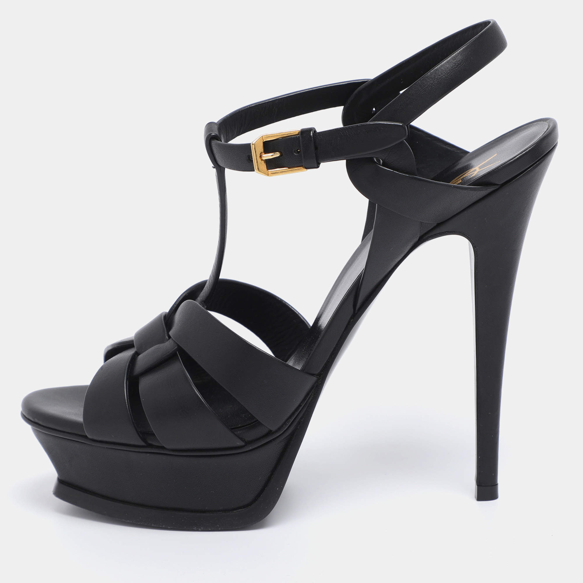 Pre Owned Saint Laurent Black Leather Tribute Ankle Strap Sandals Size 38.5