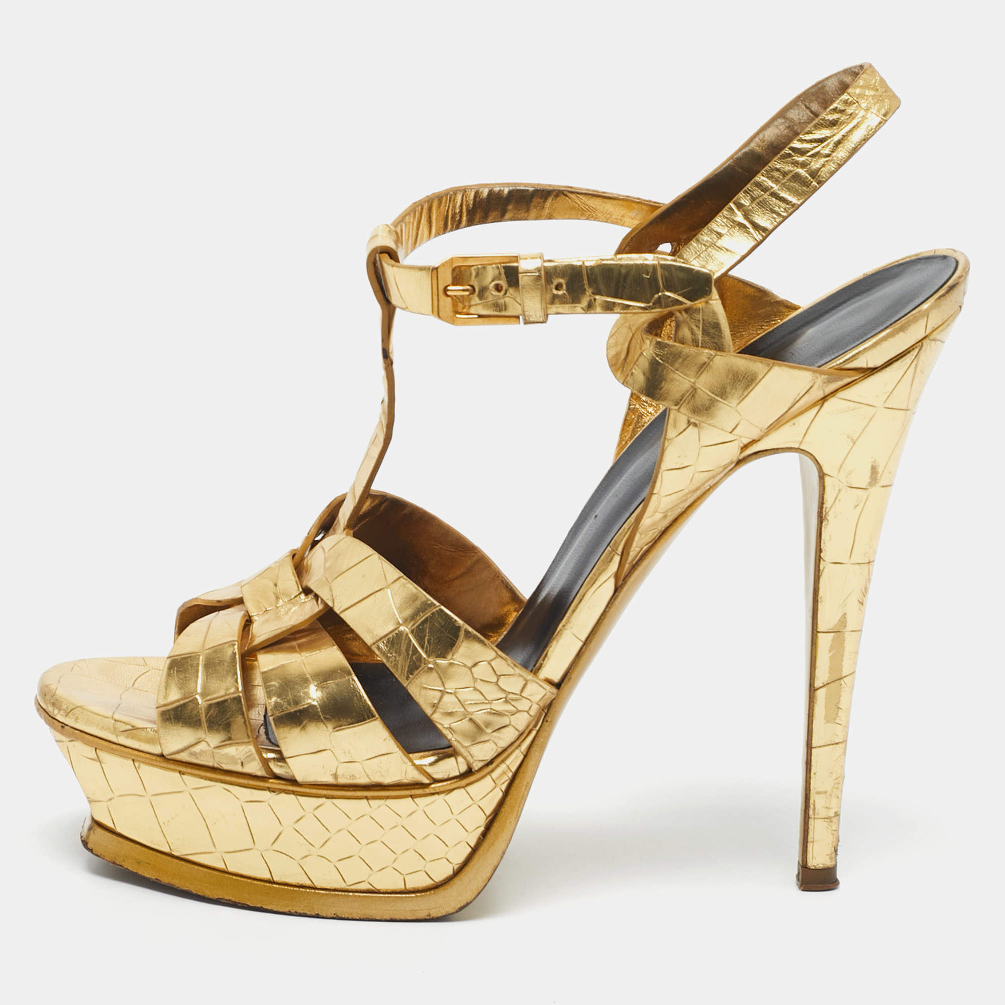 Pre Owned Saint Laurent Gold Croc Embossed Leather Tribute Platform Sandals Size 38