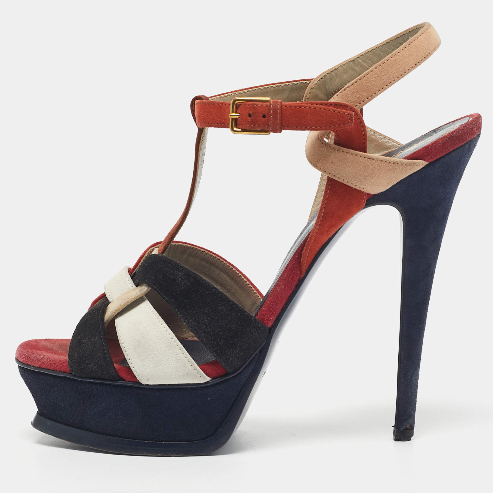 Pre Owned Saint Laurent Multicolor Suede Tribute Ankle Strap Sandals Size 38.5