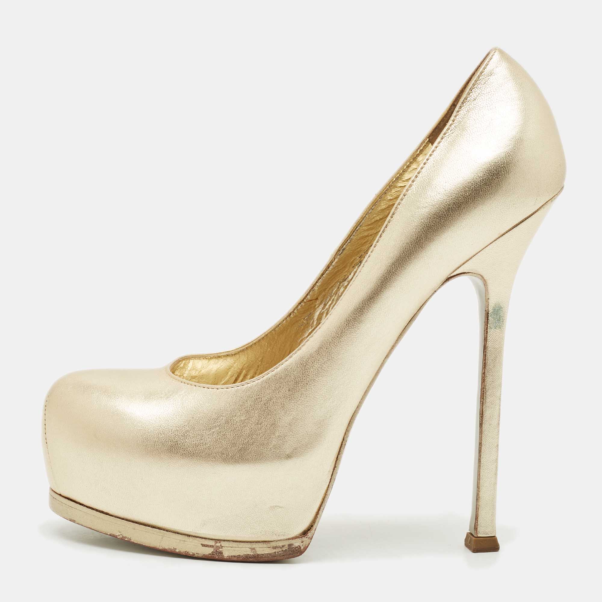 Pre Owned Saint Laurent Gold Leather Tribtoo Platform Pumps Size 38.5