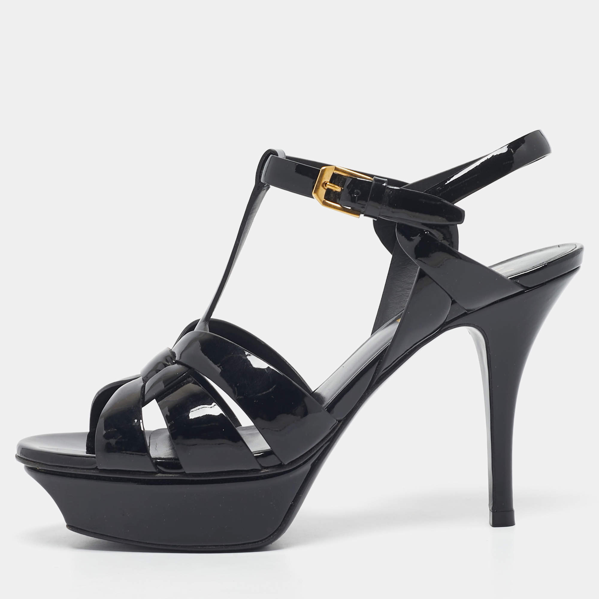 Pre Owned Saint Laurent Black Patent Leather Tribute Platform Sandals Size 36