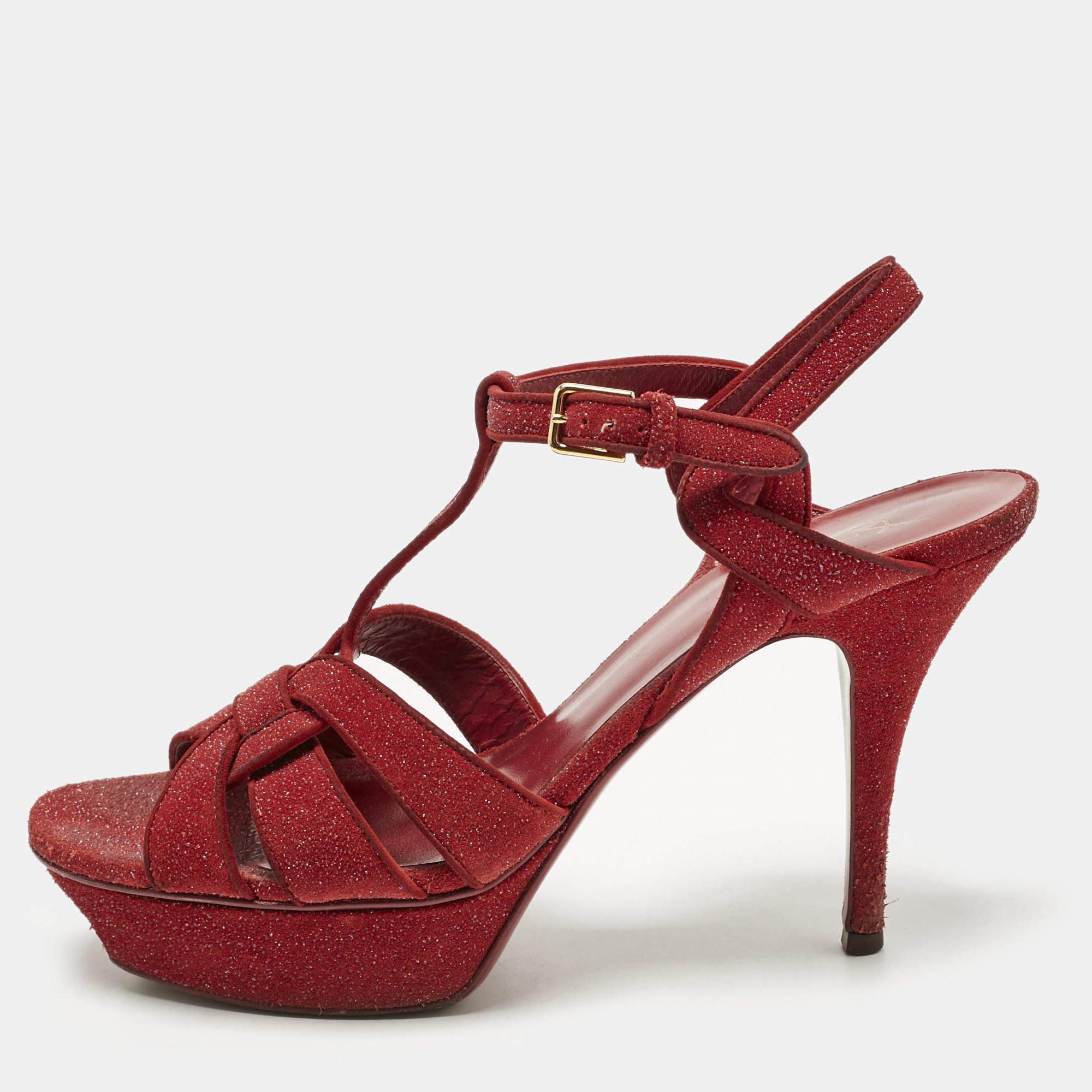 Pre Owned Saint Laurent Red Glitter Suede Tribute Platform Sandals Size 40