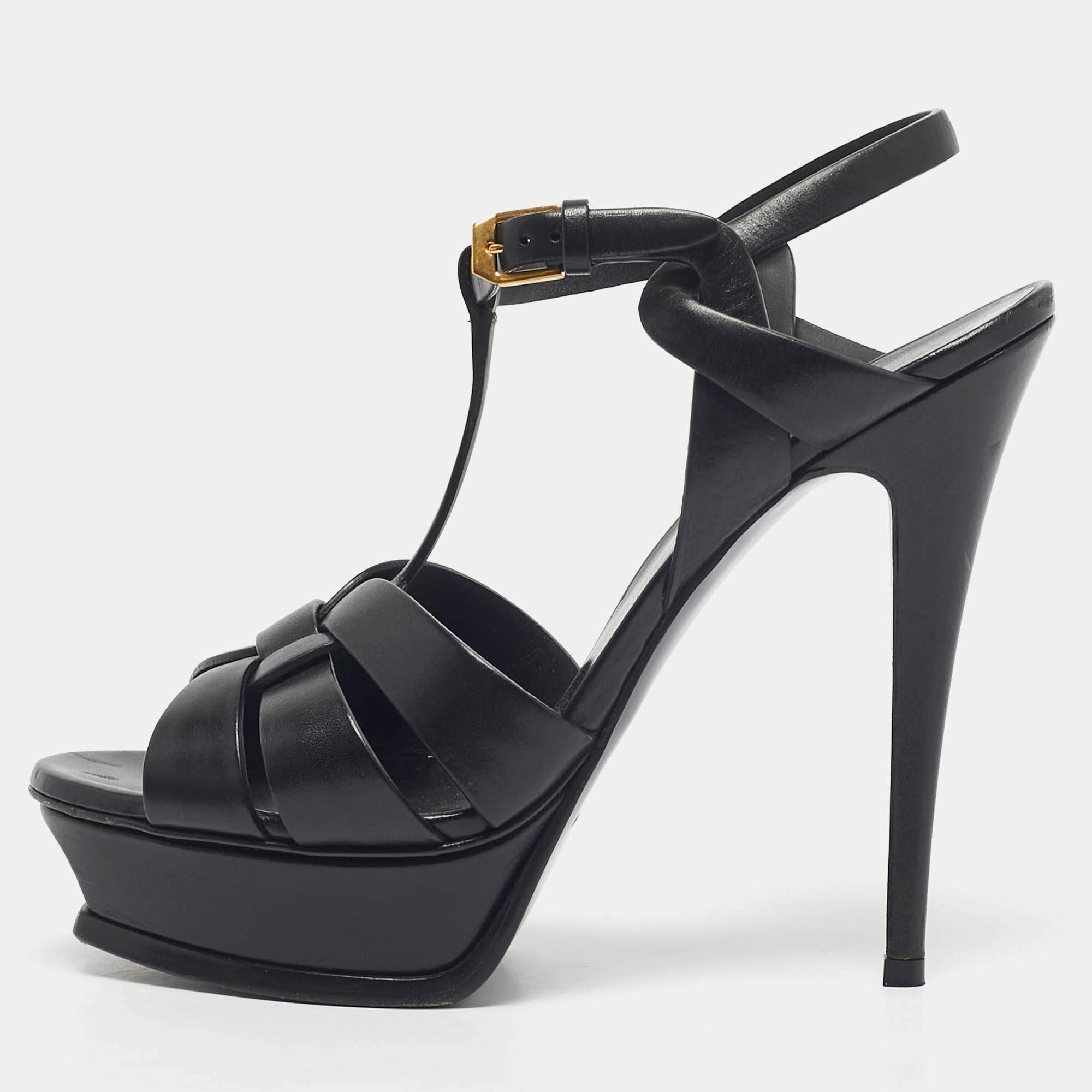 Pre Owned Saint Laurent Black Leather Tribute Ankle Strap Sandals Size 39.5