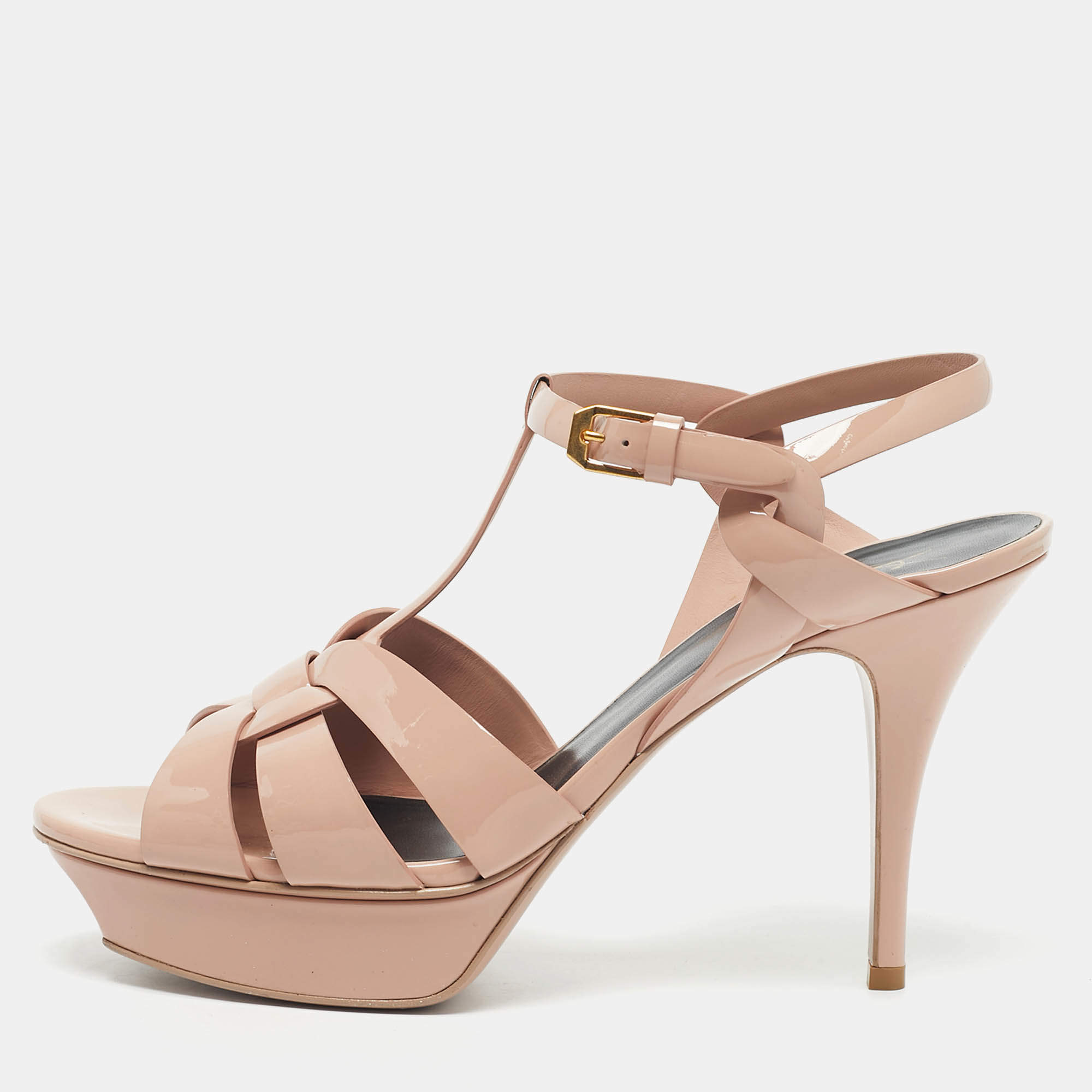 Pre Owned Saint Laurent Beige Patent Leather Tribute Ankle Strap Sandals Size 41