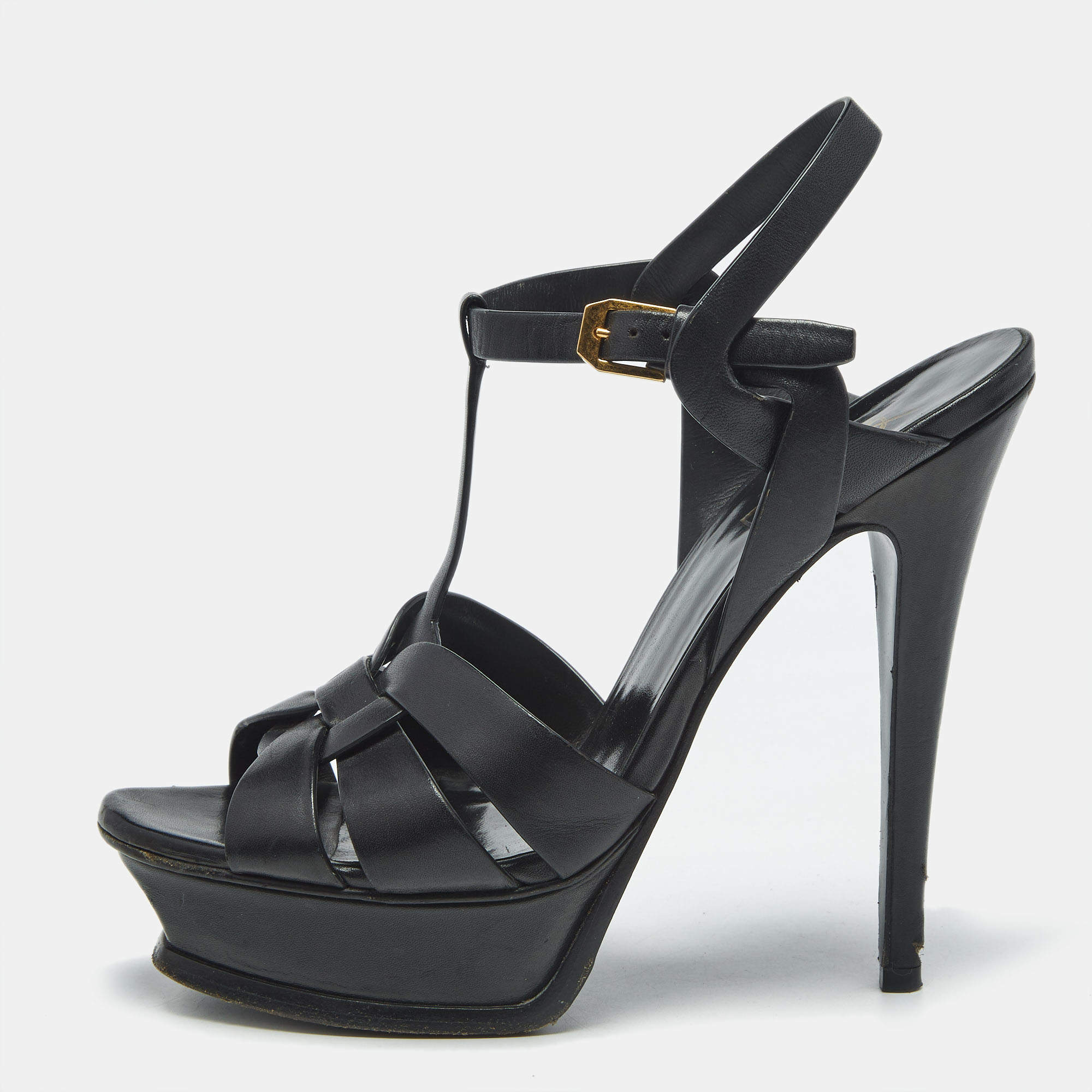Pre Owned Saint Laurent Black Leather Tribute Platform Sandals Size 37.5
