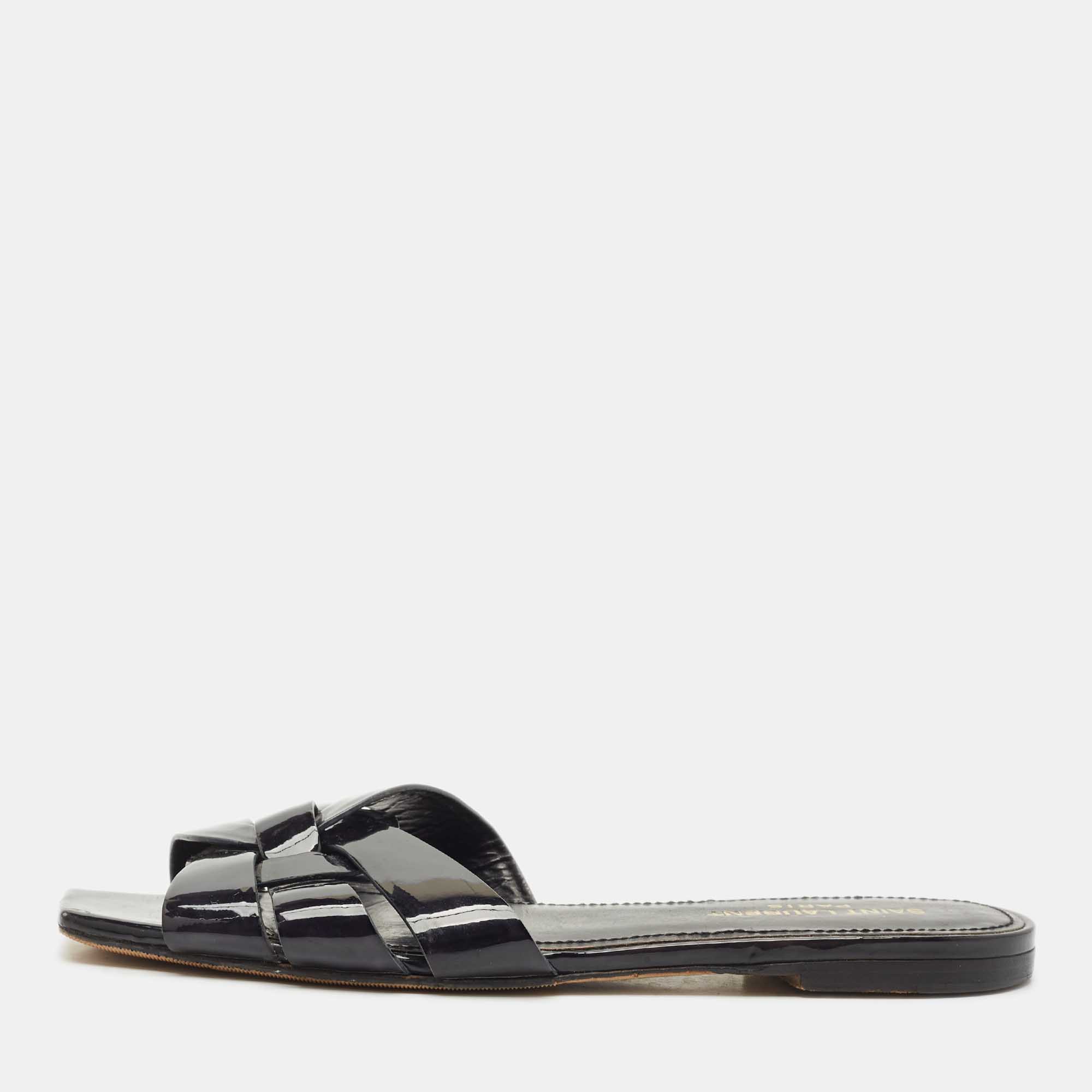 Pre Owned Saint Laurent Black Patent Leather Tribute Flat Slides Size 37