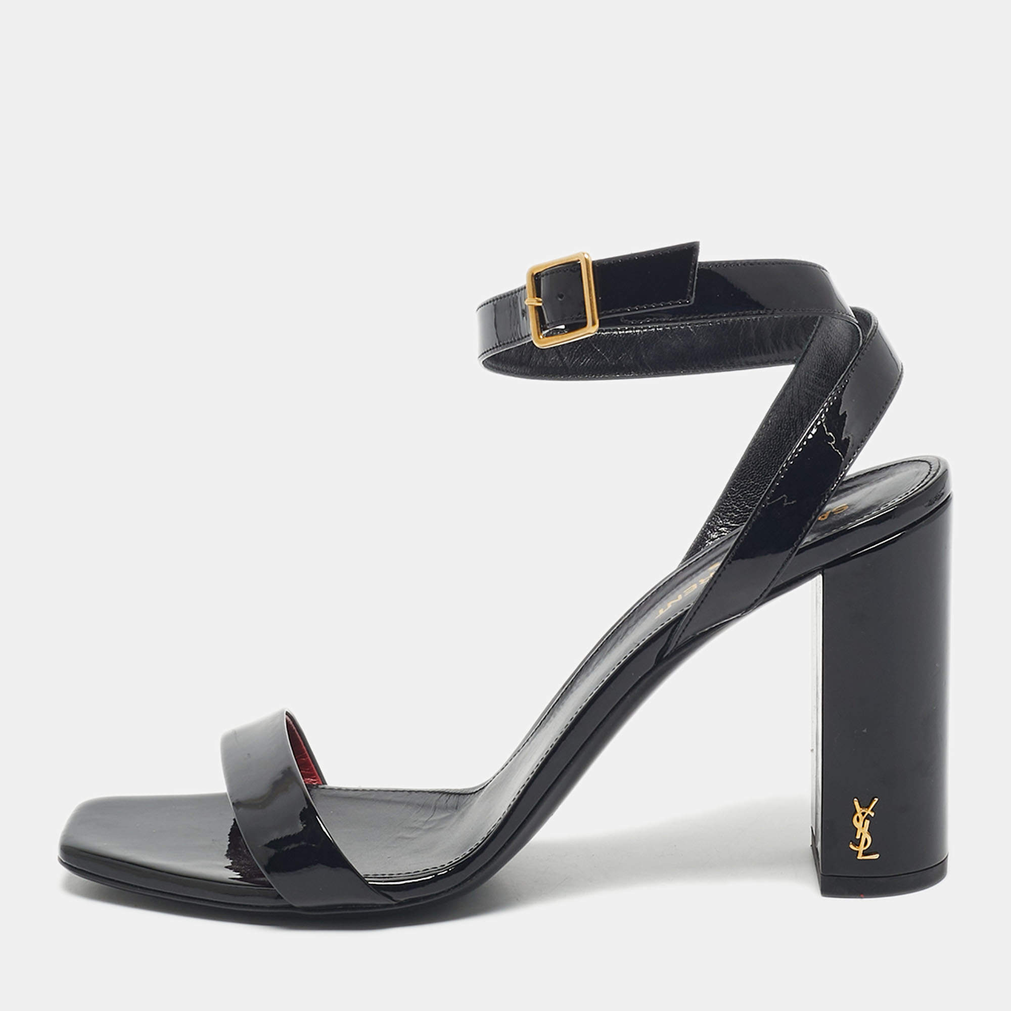 مملوكة مسبقًا صندل سان لوران أوبيوم جلد أسود لامع حزام حول الكاحل مقاس 40.5