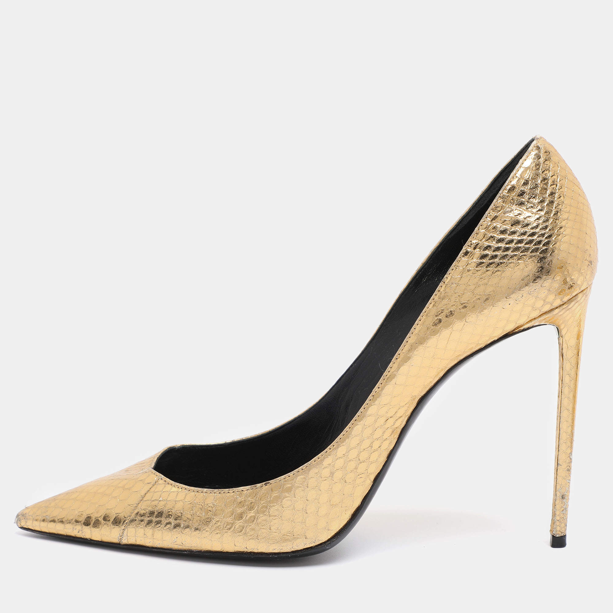 Pre Owned Saint Laurent Gold Python Embossed Leather Zoe Pointed Toe Pumps Size 42