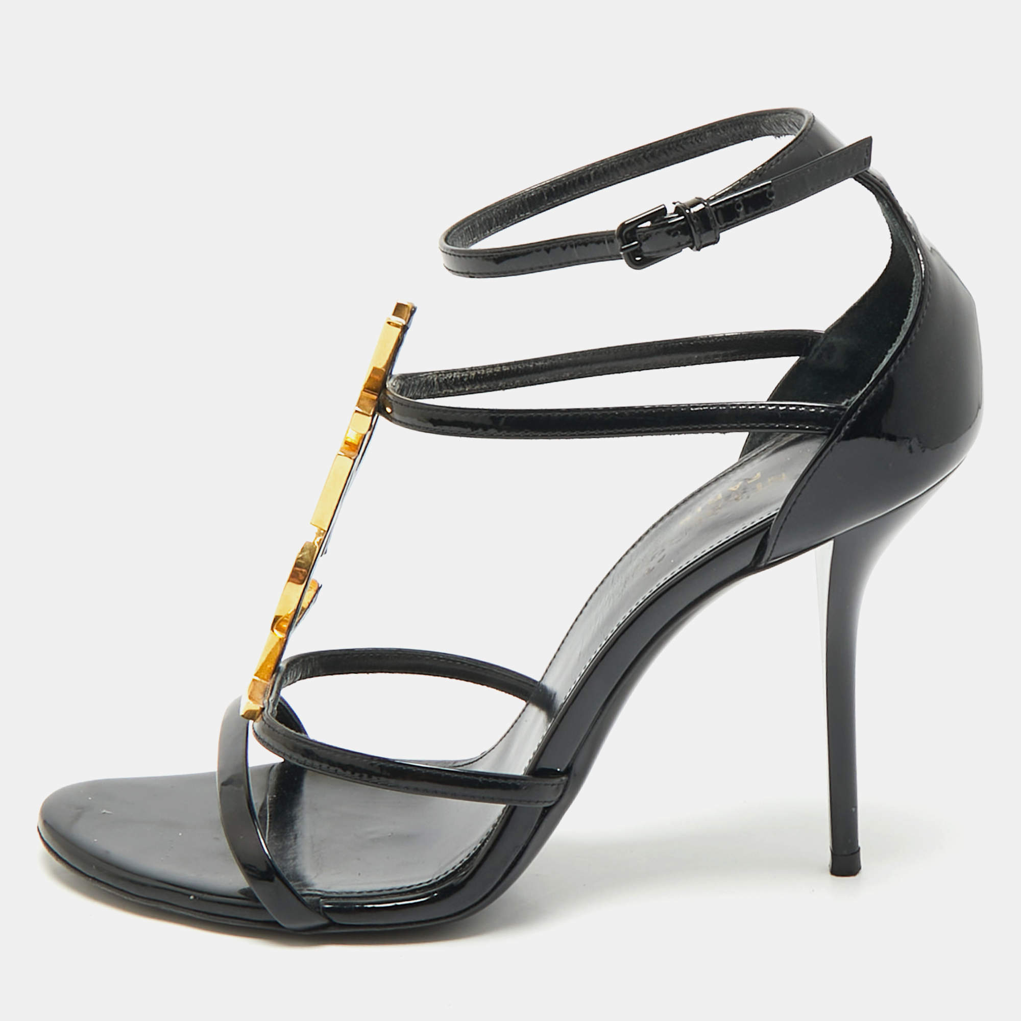 Pre Owned Saint Laurent Black Patent Leather Cassandra Ankle Strap Sandals Size 38.5
