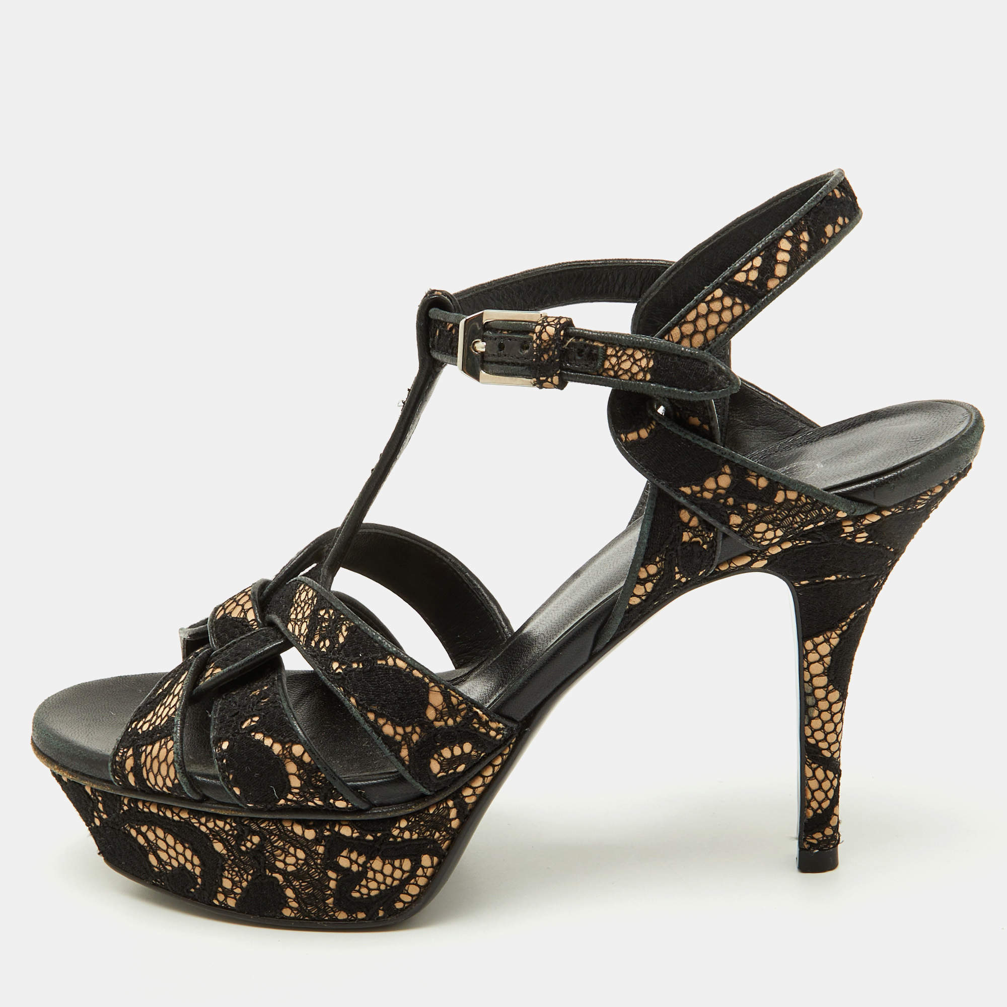 Pre Owned Saint Laurent Black/Beige Floral Lace and Leather Tribute Platform Sandals Size 36.5