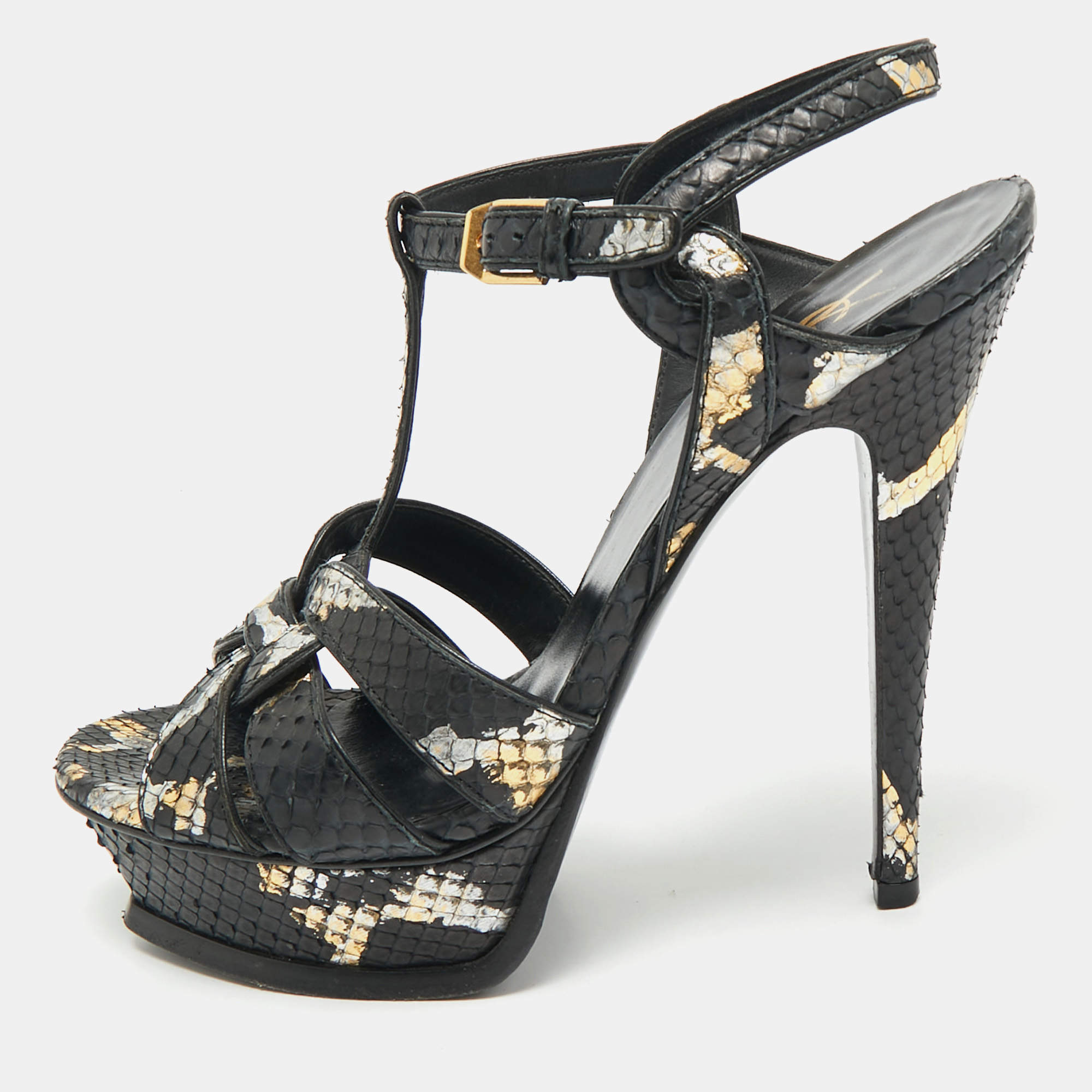 مملوكة مسبقًا Saint Laurent Black/Gold Snakeskin Tribute Platform Sandals Size 37.5