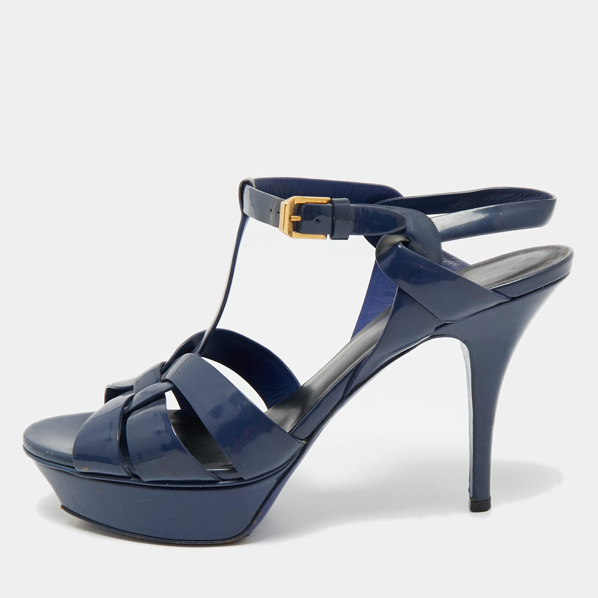 Pre Owned Saint Laurent Navy Blue Patent Leather Tribute Platform Sandals Size 40