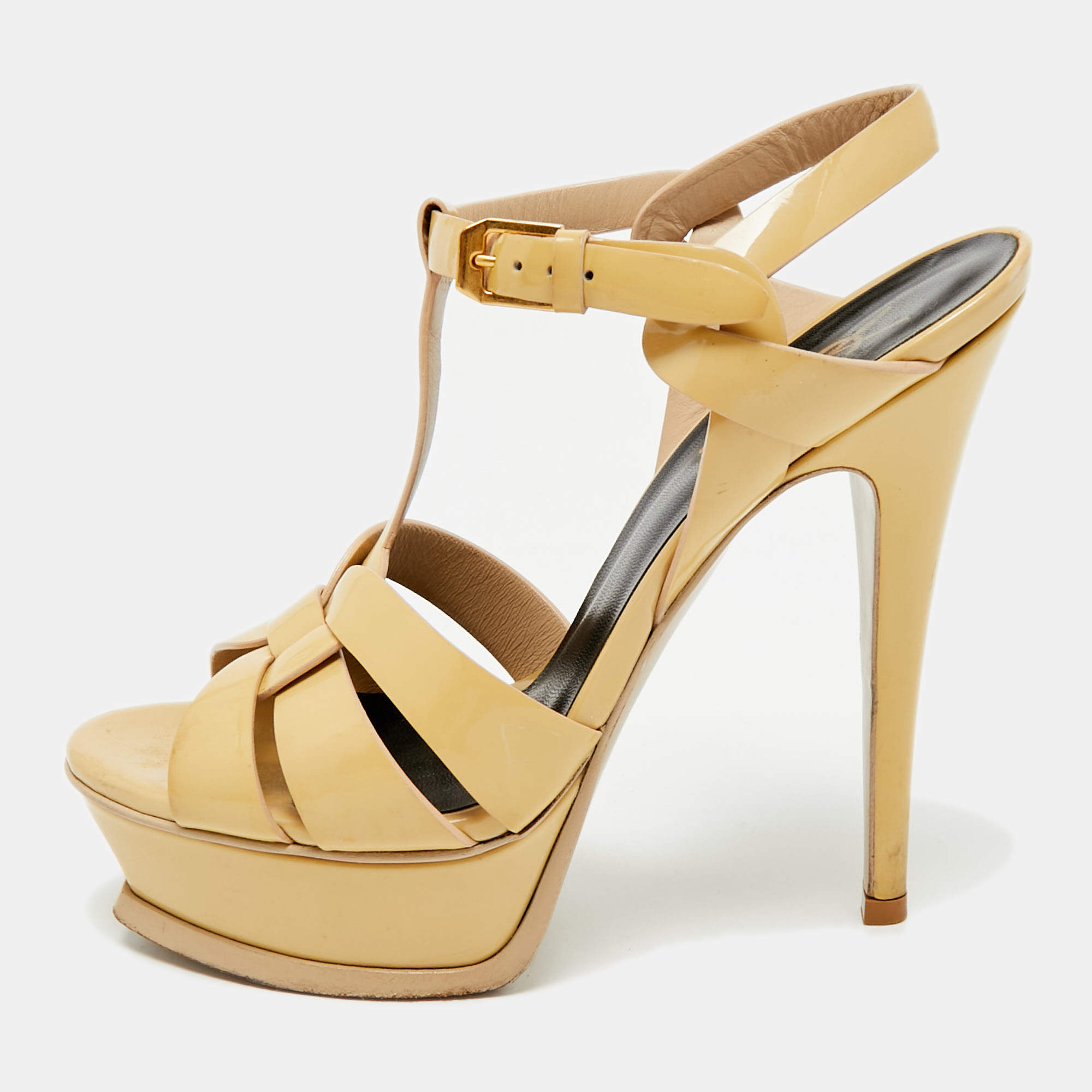 Pre Owned Saint Laurent Beige Patent Leather Platform Sandals Size 36