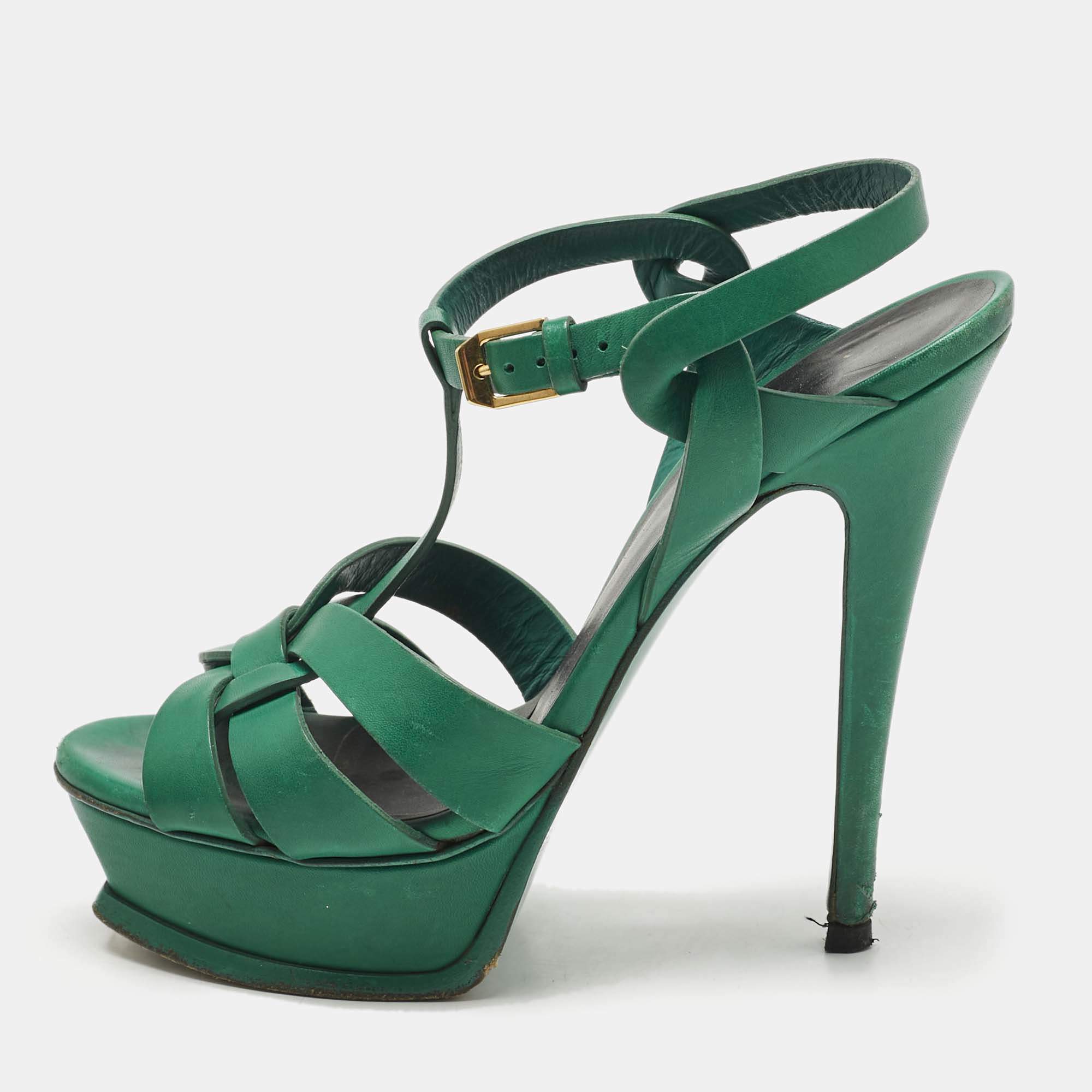 Pre Owned Saint Laurent Green Leather Tribute Platform Sandals Size 36.5
