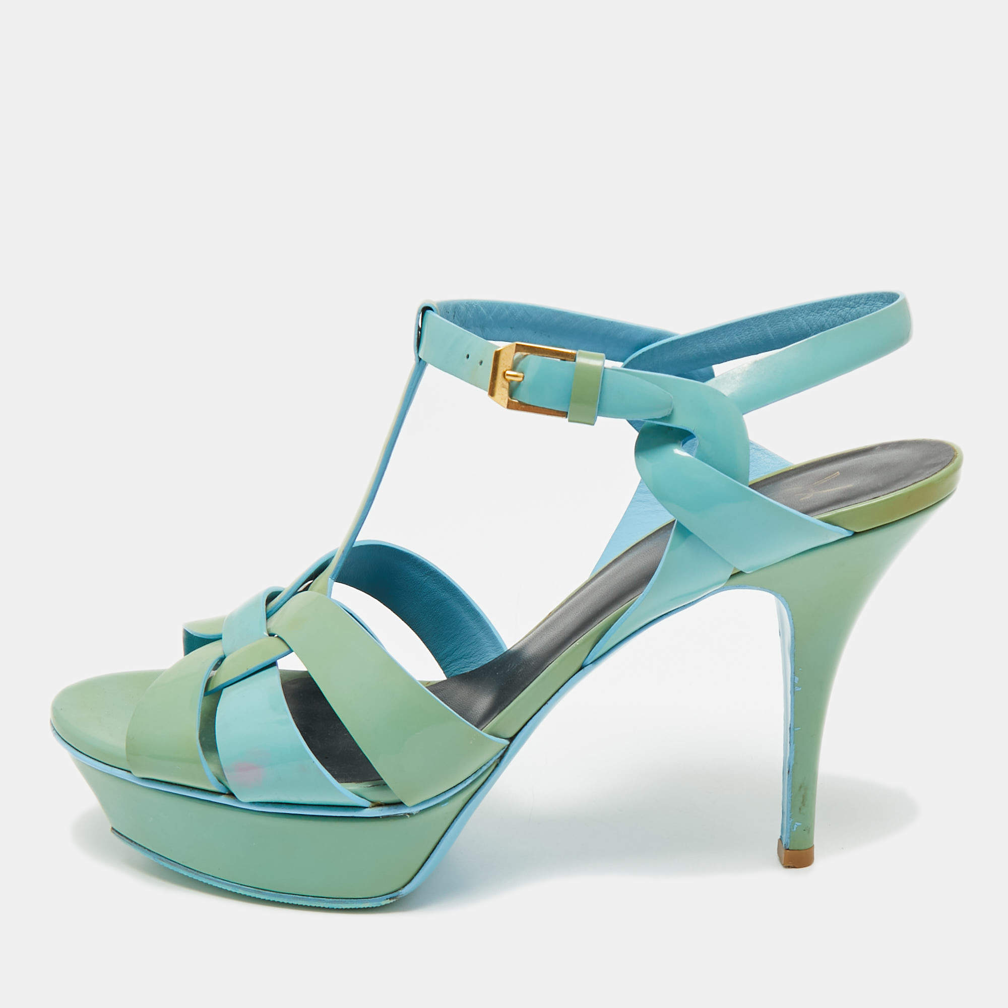 Pre Owned Saint Laurent Two Tone Patent Leather Platform Sandals Size 40