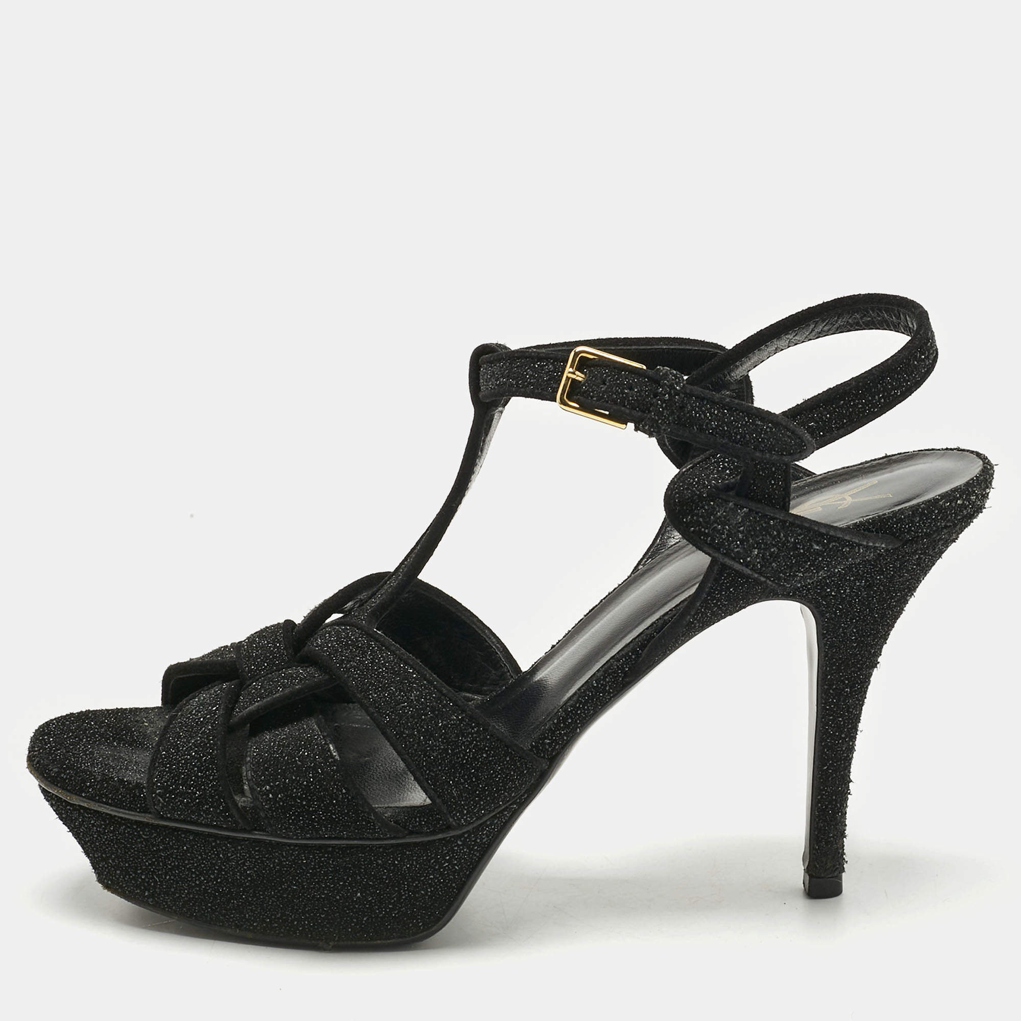 Pre Owned Saint Laurent Black Metallic Embossed Suede Tribute Platform Sandals Size 39