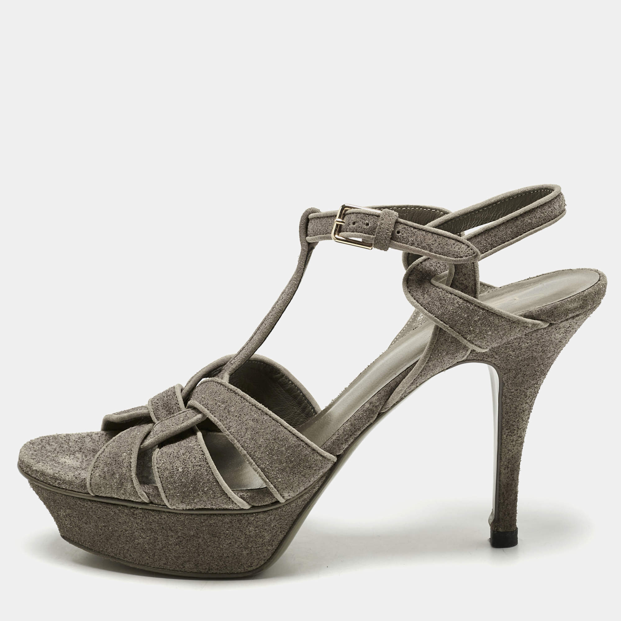 Pre Owned Saint Laurent Taupe Grey Metallic Embossed Suede Tribute Platform Sandals Size 39.5
