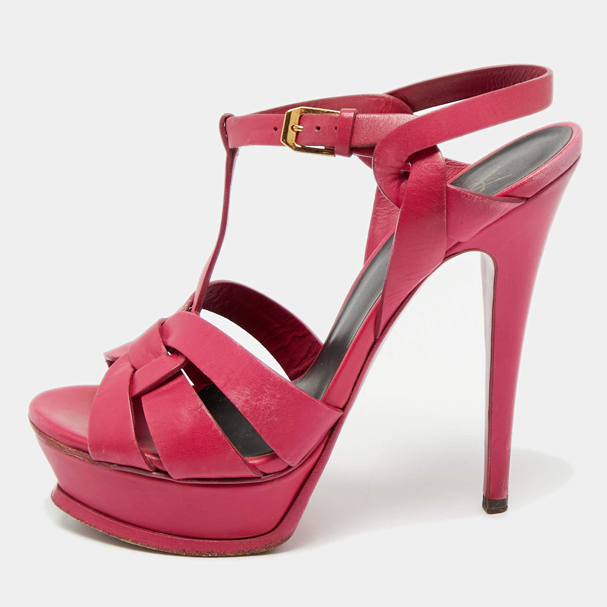 Pre Owned Saint Laurent Purple Leather Ankle Strap Sandals Size 37.5