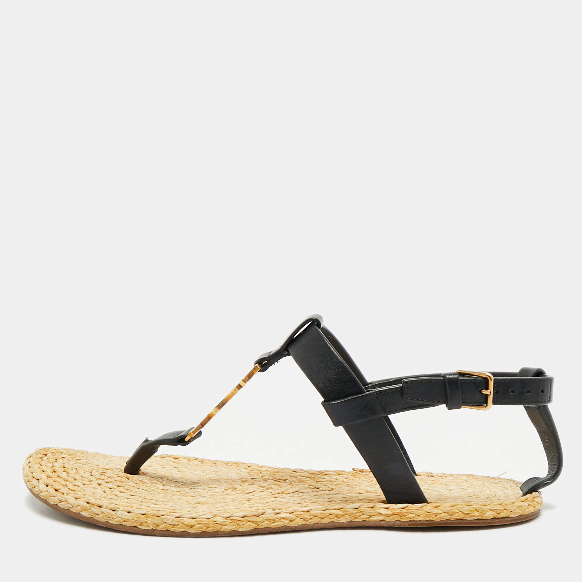 Pre Owned Saint Laurent Black/Beige Leather and Raffia Cassandra Thong Sandals Size 37