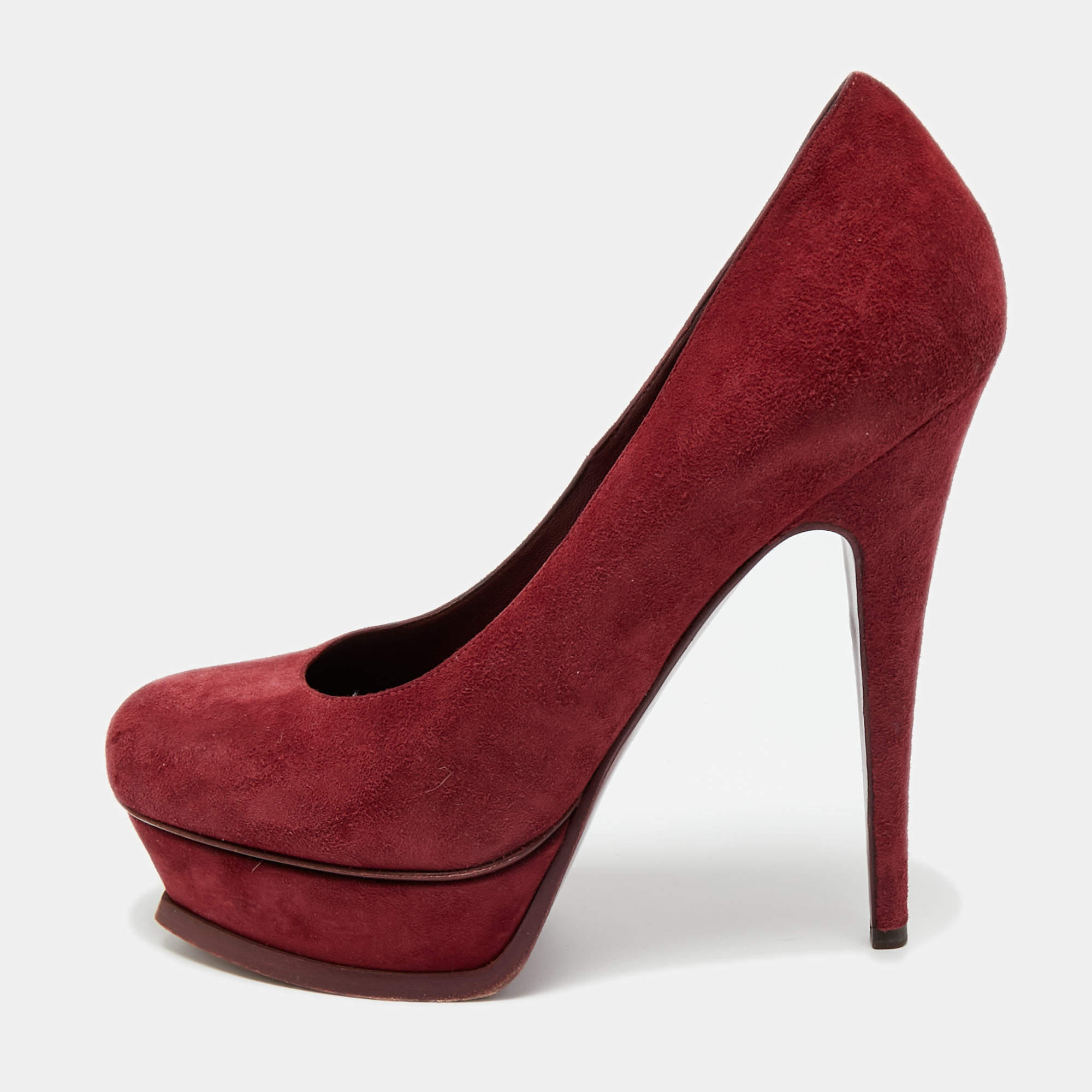 Pre Owned Saint Laurent Burgundy Suede Tribtoo Platform Pumps Size 39