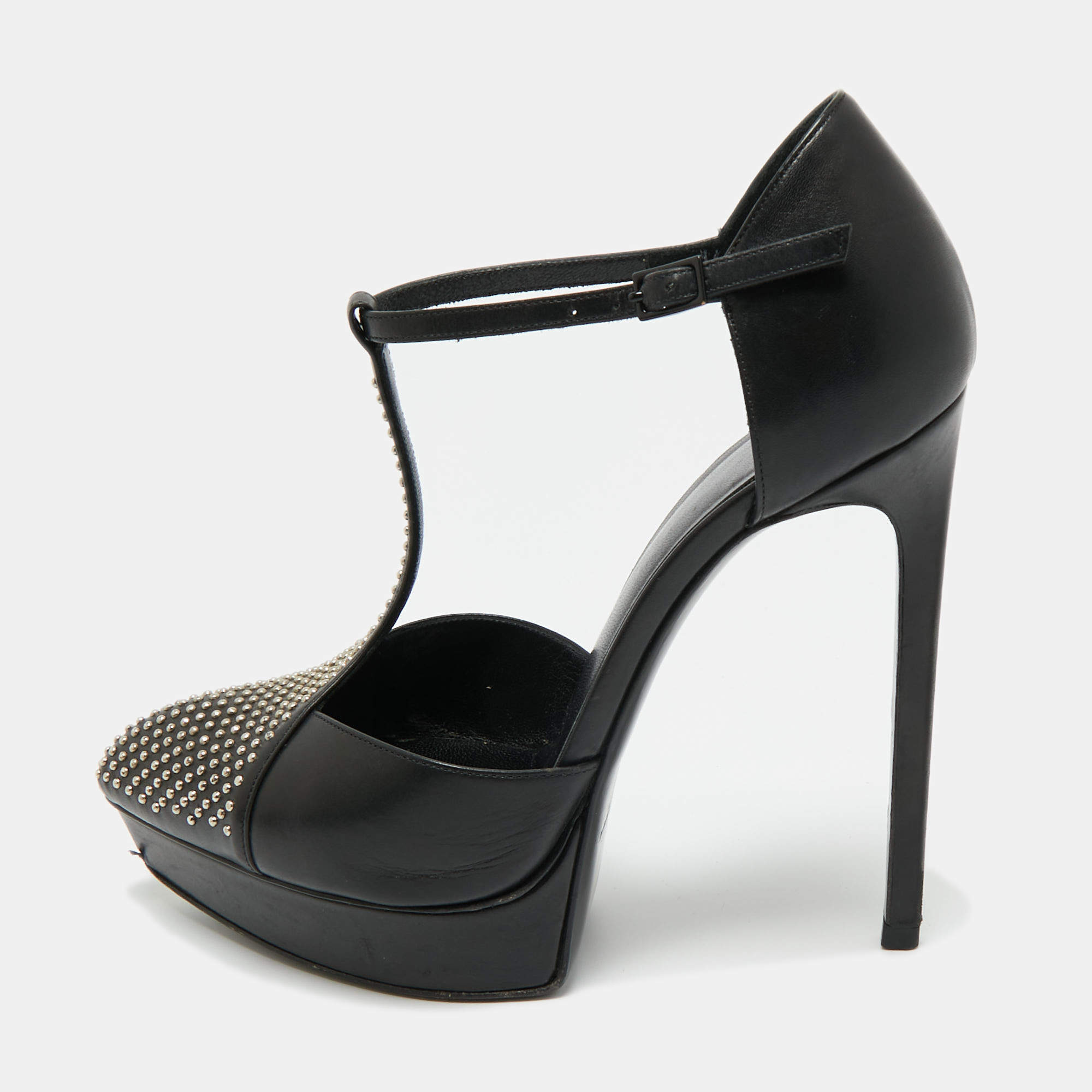 Pre Owned Saint Laurent Black Leather Studded T-Bar Janis Platform Pumps 36.5