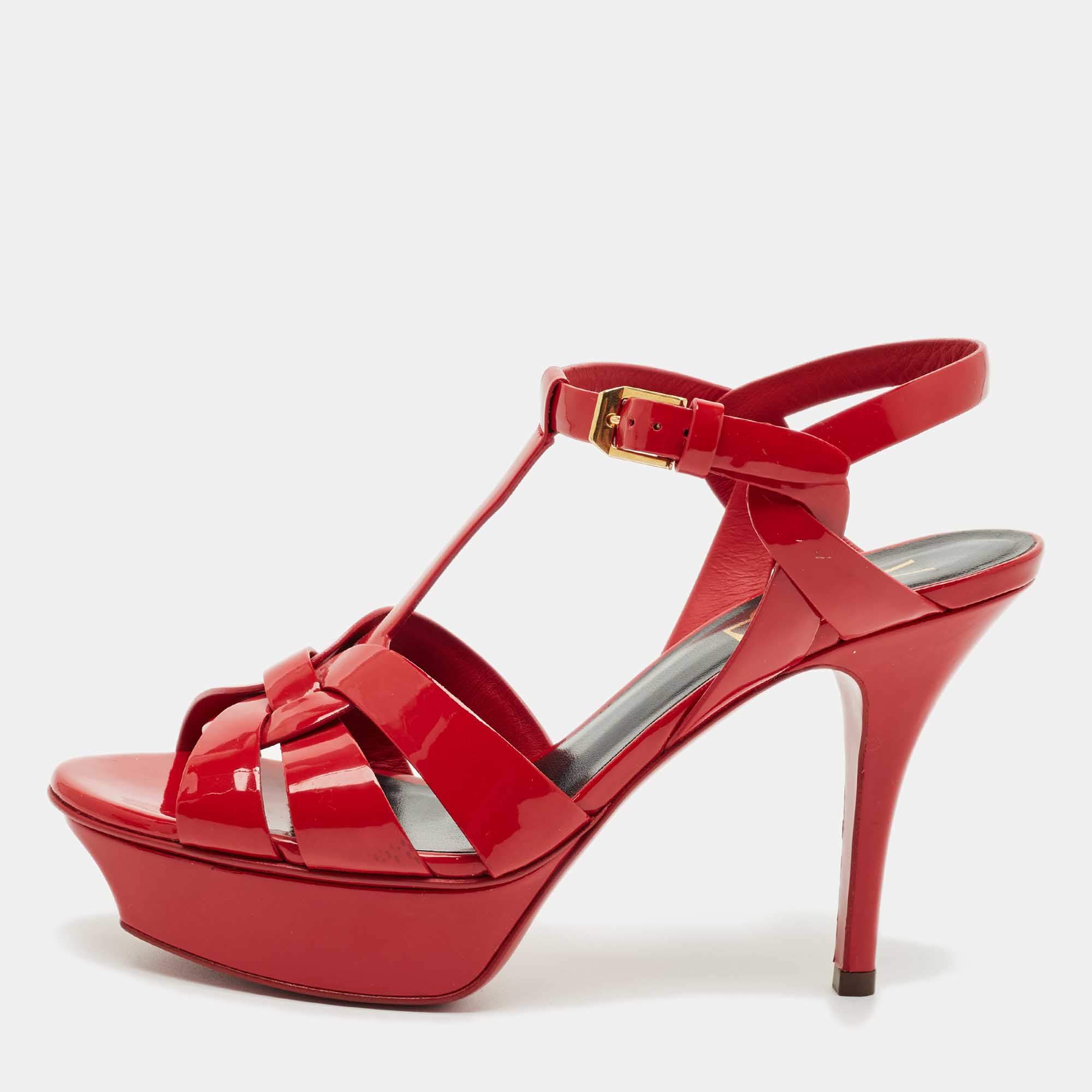 Pre Owned Saint Laurent Dark Red Patent Leather Tribute Platform Sandals Size 36