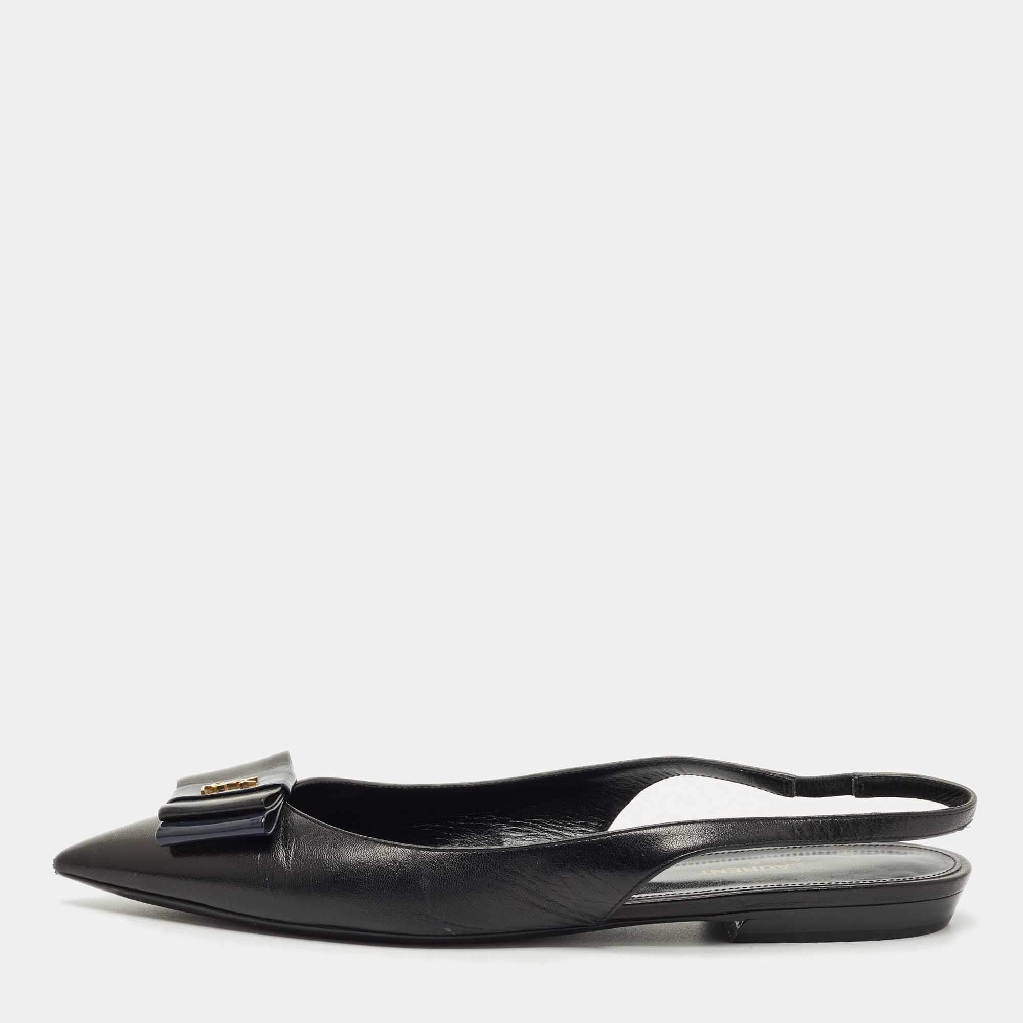 مملوكة مسبقًا صندل سان لوران جلد أسود مسطح بحزام خلفي مقاس 39