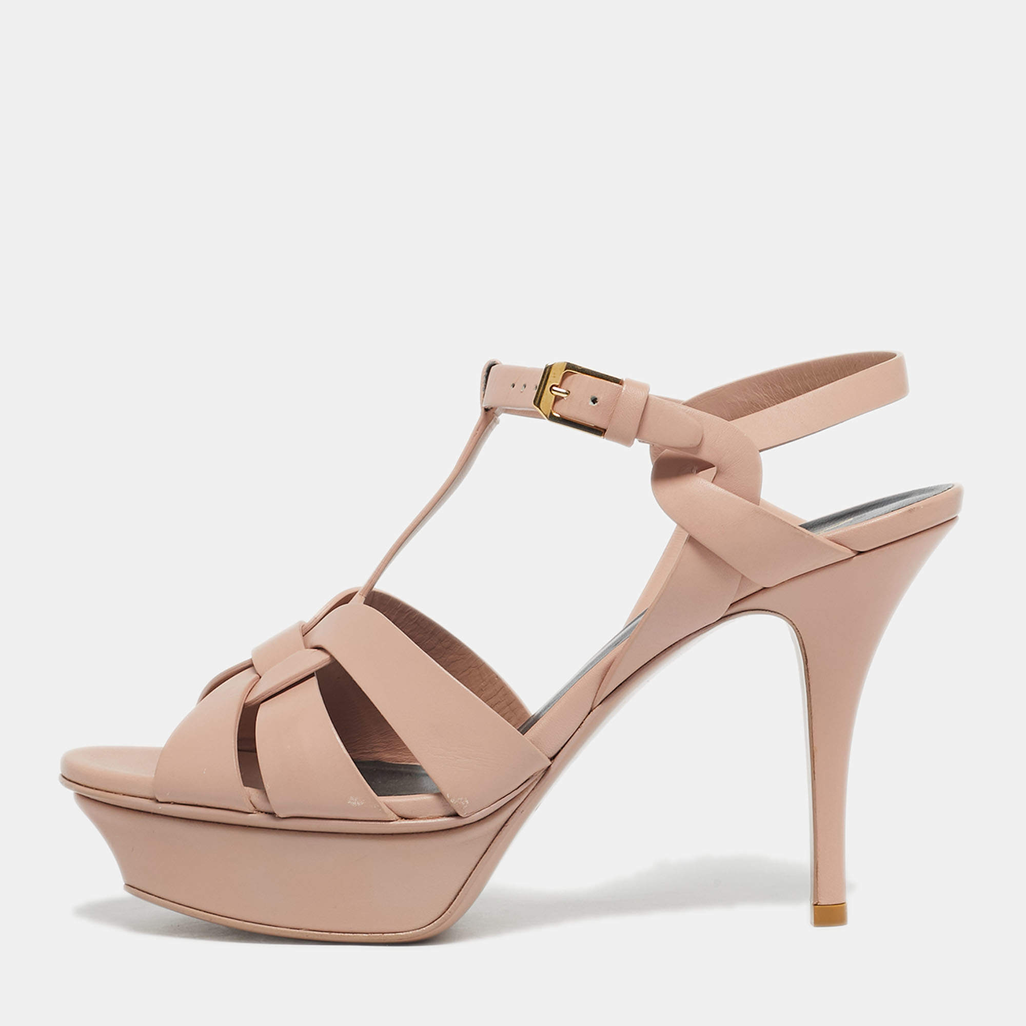 Pre Owned Saint Laurent Pink Leather Tribute Platform Sandals Size 38