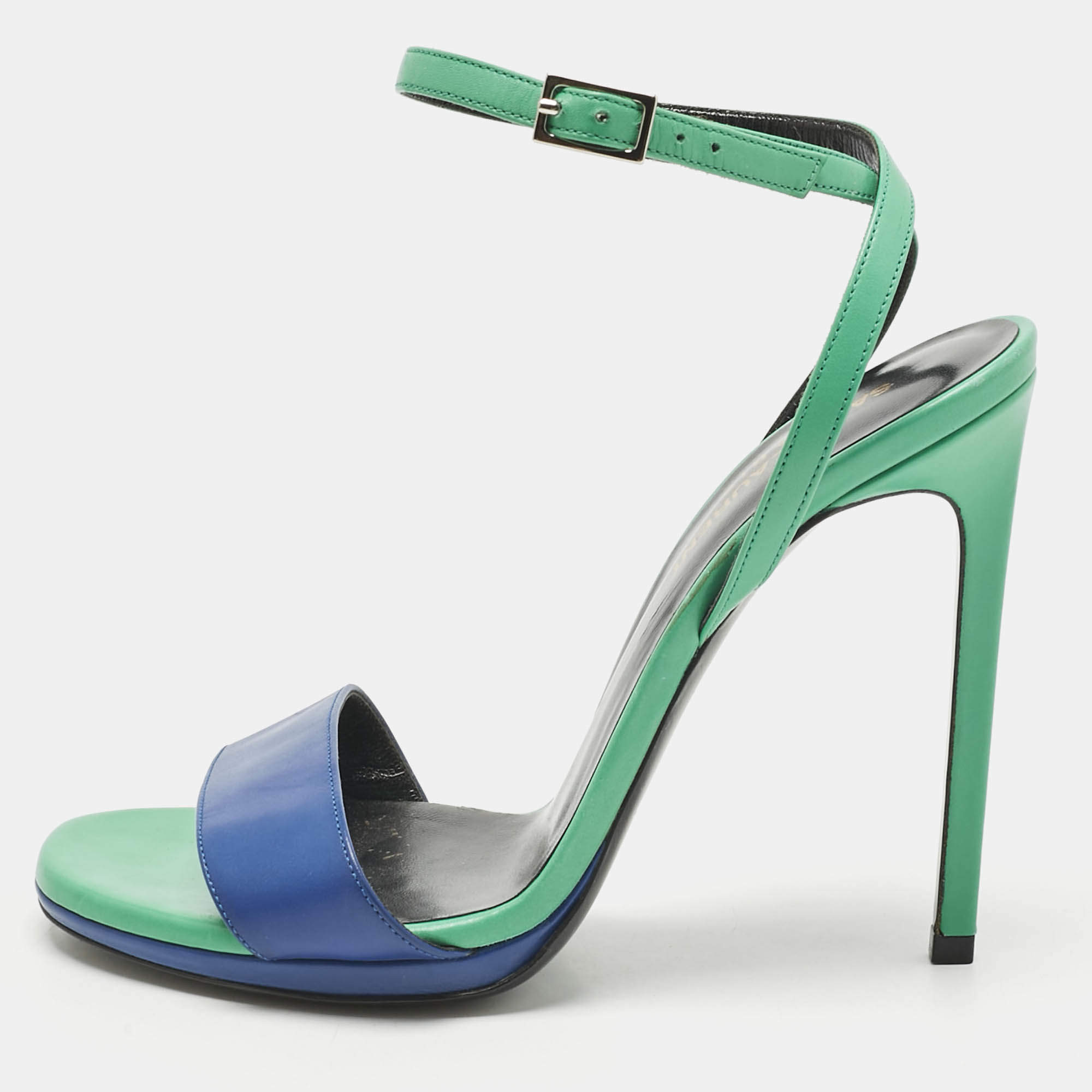 Pre Owned Saint Laurent Paris Blue/Green Leather Jane Ankle Strap Sandals Size 37.5